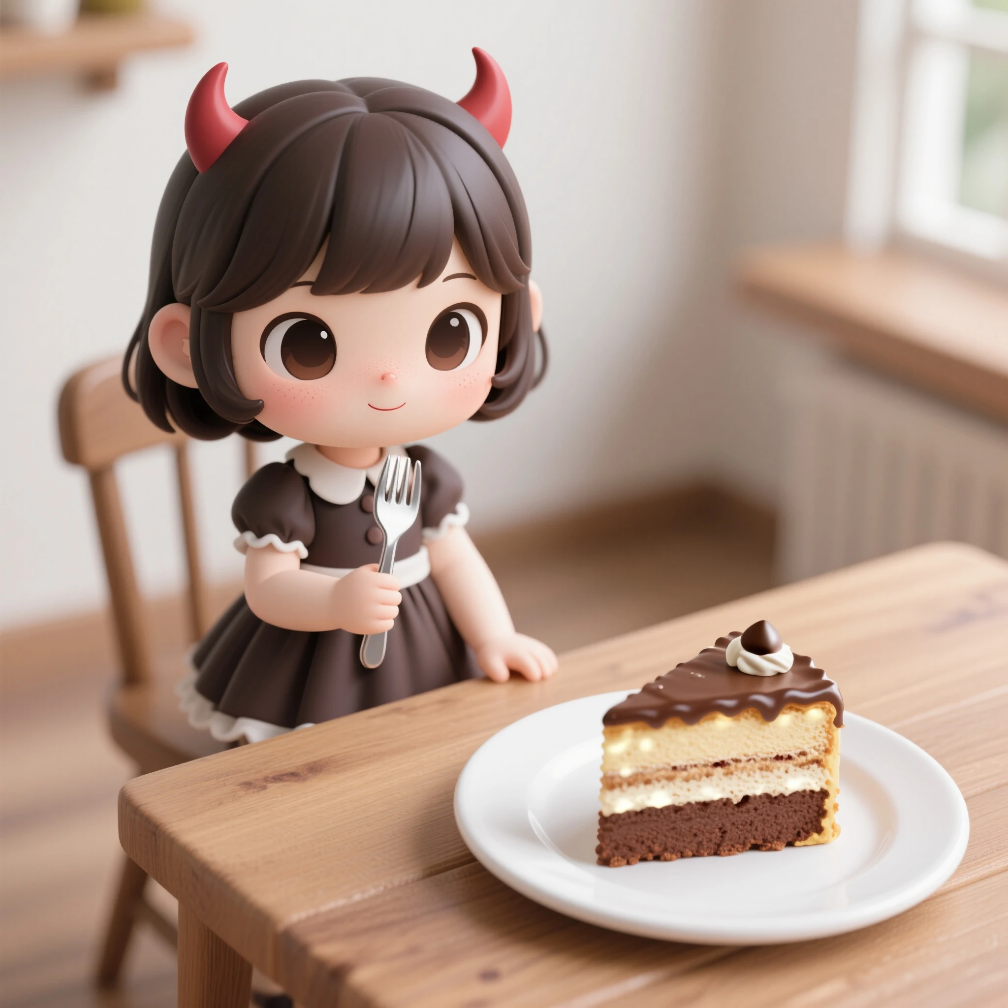(chibi:1.4)Stylish wooden table top、Chocolate cake shortcake on a white plate、little cute girl holding out a fork next to a shortcake、The girl's devil is about the size of a shortcake