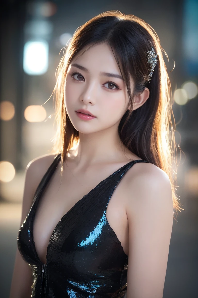Tzuyu 1, woman, (Realistic), (Hyperrealism), (photoRealistic), Written boundary depth, eye make up:0.7 (whole body:1.8), (Large Bust),(Tight waist), Observe the audience,At the flower garden, Fashion Model, Sexy black dress with open shoulders and neckline