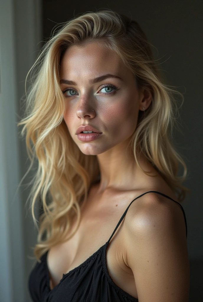 a very realistic and detailed photo of beautiful swiss woman l, black skirt, perfect makeup, long sleek straight blonde hair, high quality, photorealistic, 8k, luxury, elegant, sophisticated, confident, studio lighting, cinematic, piercing eyes, full lips, sharp focus, olive skin