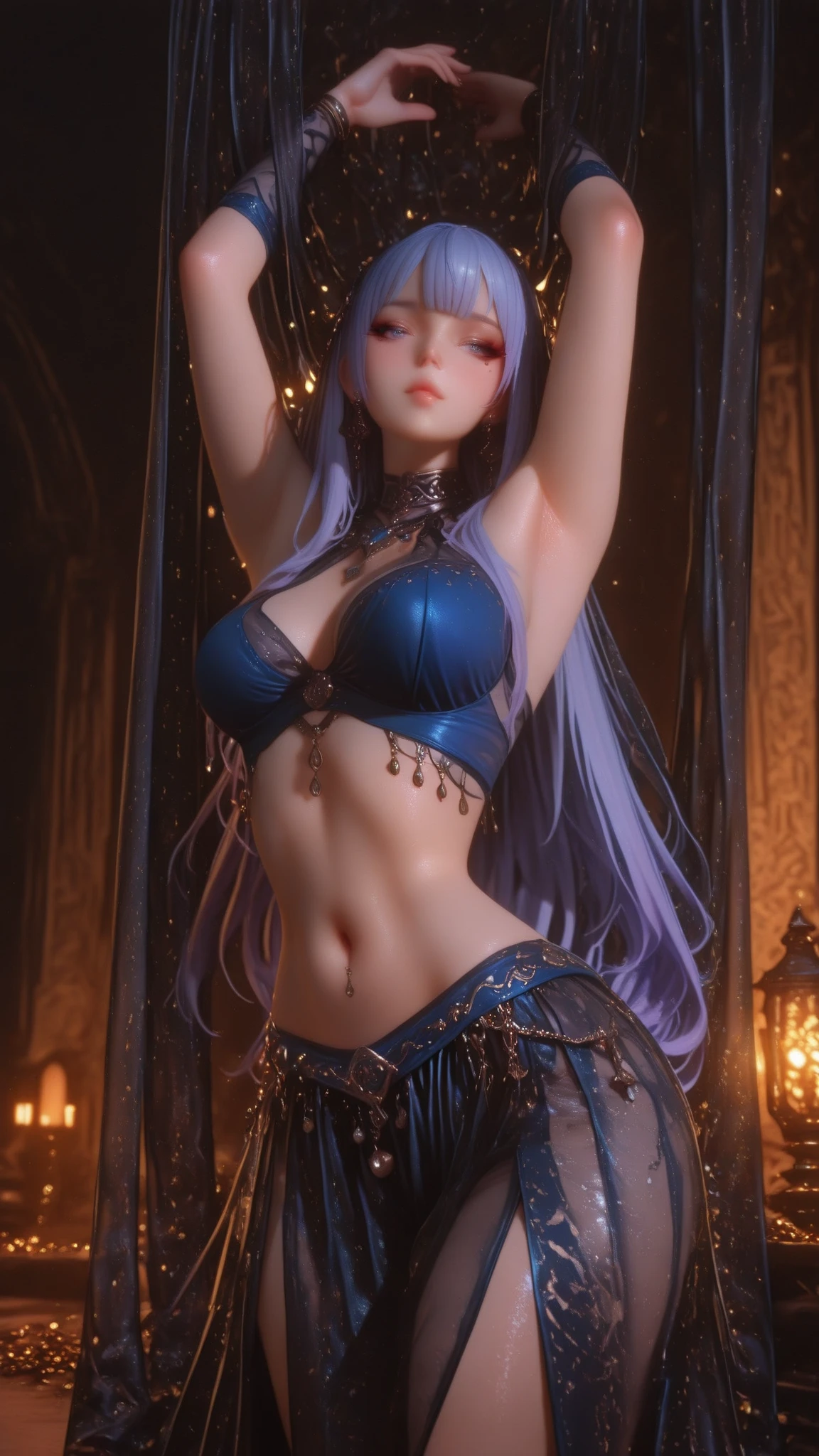 [monochromes:Subdued Color:0.6] theme, (masutepiece), (Best Quality), , Light Layer, Lustrous skin, (intricate-detail , taut clothes, ),  White hair, Long hair, hime-cut, Blunt bangs, side locks, Curly twin tails and quirky hair、Red Eyes, ,, (maturefemale:1.1),    (Simple background:1.1),(((((Belly Dance Costumes)))))、frontage、low angles、Front Angle、symmetry、large boob、Thick lip、Lustrous lips、