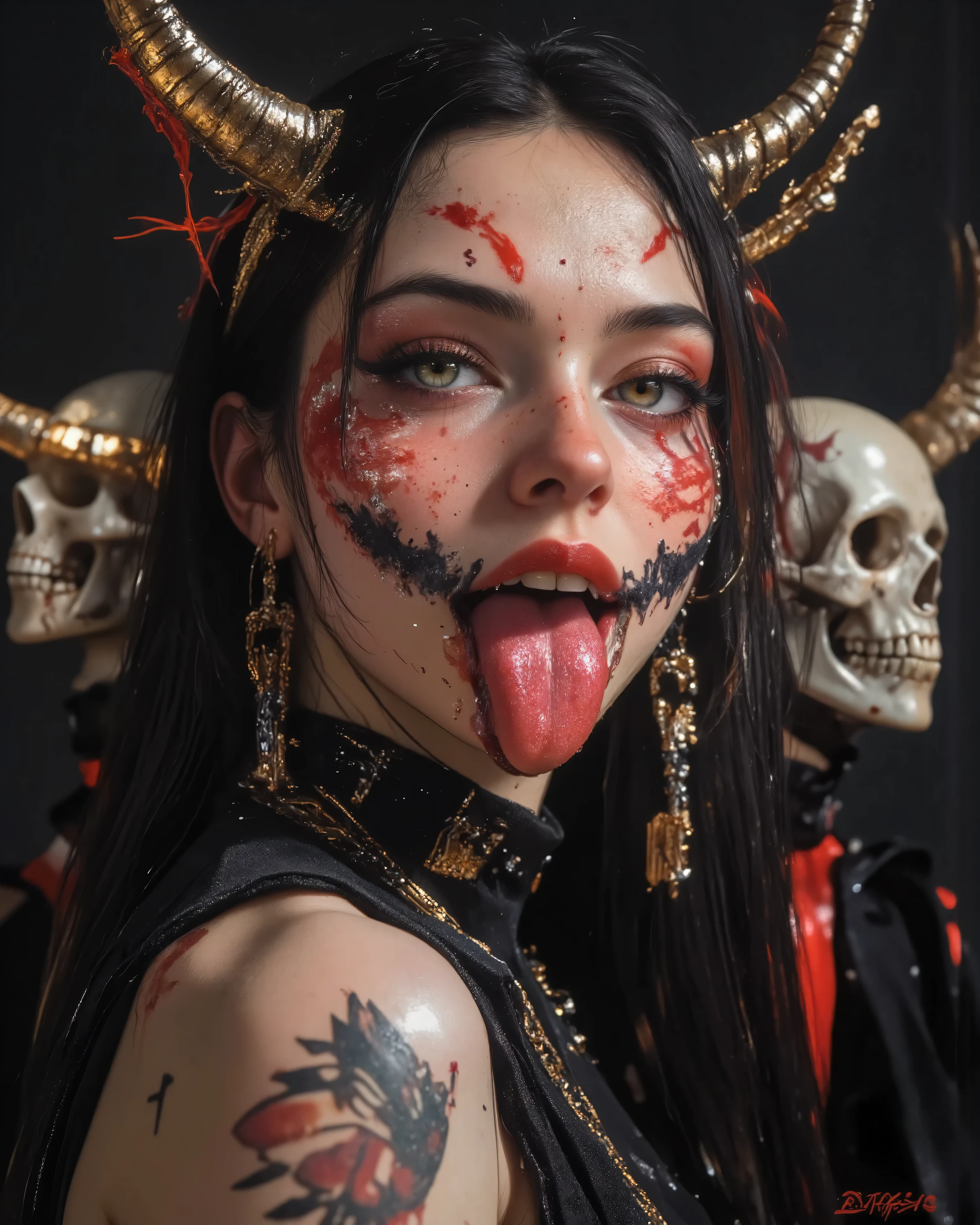 wicked, World of pain and drama and dark and dangerous！、((Dangerous World:1.2)) fashion photograph、portrait,EXOTIC PREDATORS, photorealistic, Later , EXOTIC PREDATORS  ,mejor calidad ,  super fine ,mafia  ,siniestro, ,(Scary skulls ),long hair、(Paris Runway Collection:1.2) 8K, RAW PHOTO, Ultra high resolution, cinematic Still,  cinematic grain Fujifilm Pro 400H emulation, surreal tension rising, visual style Gregory Crewdson meets Lynch, the paranormal erupts in a subtle but devastating way