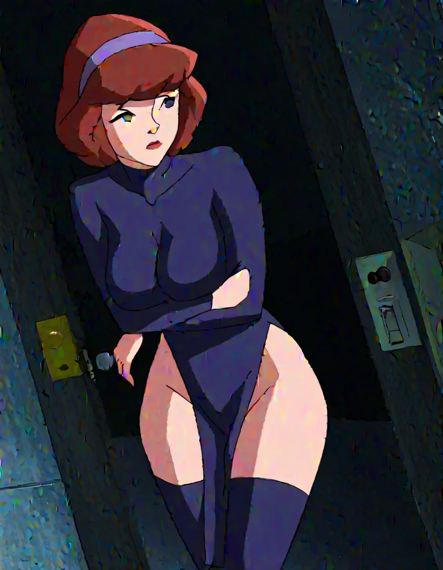 Mary Jane Watson, hot sexy girl with short red hair, black choker, gothic makeup, purple jacket, nude pussy, nude legs