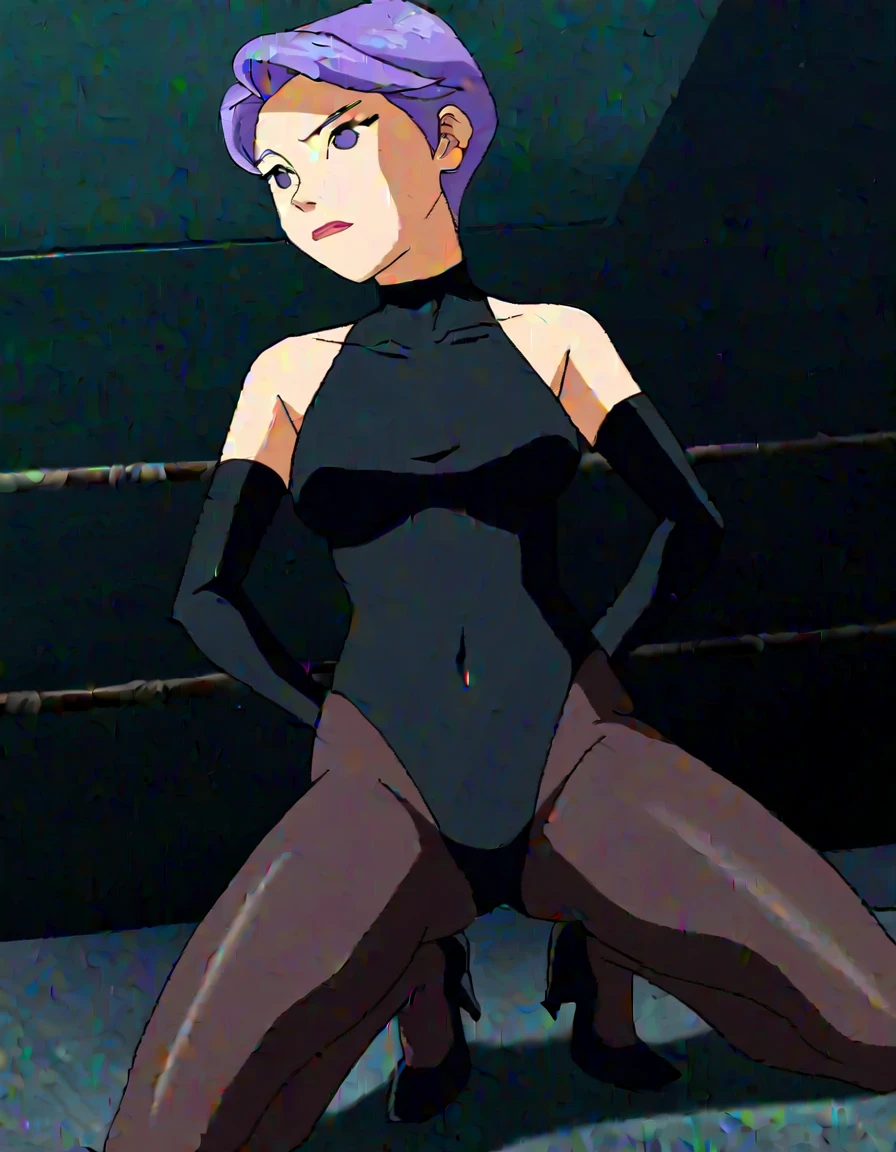 ace, 1girl, black hair, solo, white leotard, short hair, hairclip, black lipstick, long sleeves,grey boots, bob cut,club \\(shape\\) , looking at viewer,((sitting on bench, spread legs, leotard aside, pussy)),score_9, score_8_up, score_7_up, score_6_up, score_5_up, score_4_up city, cityscape, anime screencap, seem from below, crotch focus