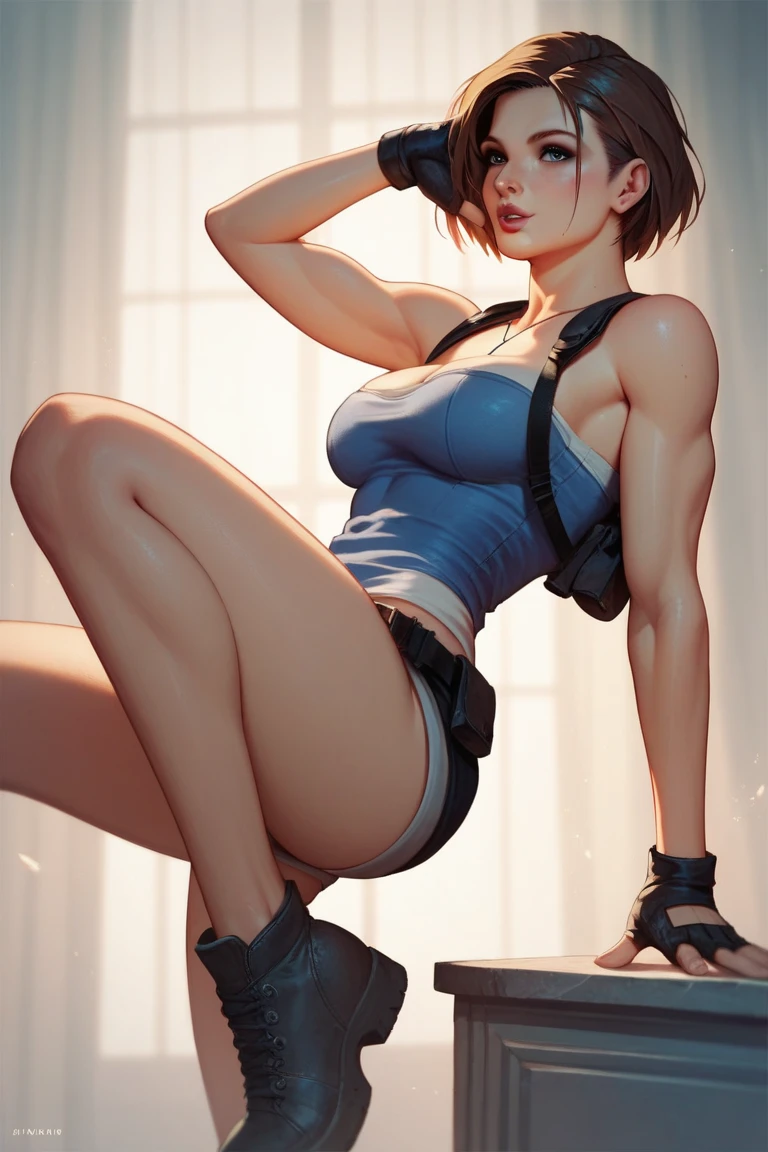 1girl, light-skinned_female, blushing_at_viewer, hourglass_figure, breasts, big_breasts, big_ass, cleavage, adult, adult_female, blush, blush_lines, human, short_hair_female, sneakers, striped_bottomwear, tomboy, toned_female, toned_body, high-resolution, solo, solo_female, socks