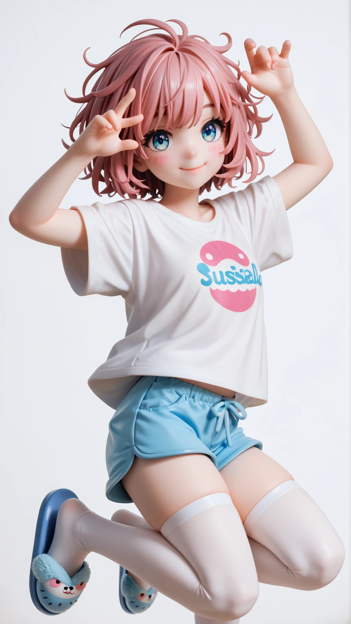Girl girl , blue eyes, pink cheeks, cabello rosado, short hair, messy hair, slightly slanted eyes, smile. Wide white shirt, shorts azul, white stockings, blue slippers. dynamic pose.