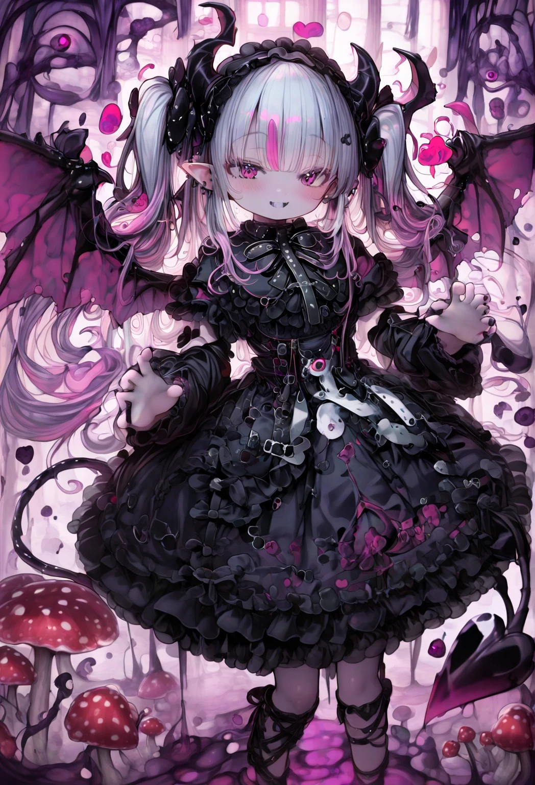 Little Devil Girl , little girl, Blonde Short, Gothic Lolita Fashion, black dress, Frill decoration, small horn, pointed ears,  little devil wings, hand that takes your gaze away slightly, Heart Tail, Giant Carnivorous Plant Gardens, Giant Nepenthes, Dipterygium, poison々Scary Colored Flower々, poison々Scary Plants,  Magic Light, Mysterious Atmosphere, Pastel Goth, twin tails, Black Ribbons Otherworldly Skies, Purplish Air, 