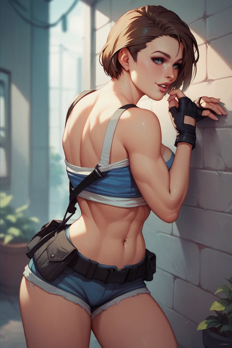 A closeup of a woman in a bikini holding a gun, fofosexyrobutts, lovely Brigite de Overwatch, wojtek fus, loba andrade de apex legends, muscular sweat Lara Croft, Lara Croft, corpo pin-up, art station masterpiece, bikini + equipamento militar esfarrapado, como visto no artstation, Brigite de Overwatch, corpo perfeito fotorrealista