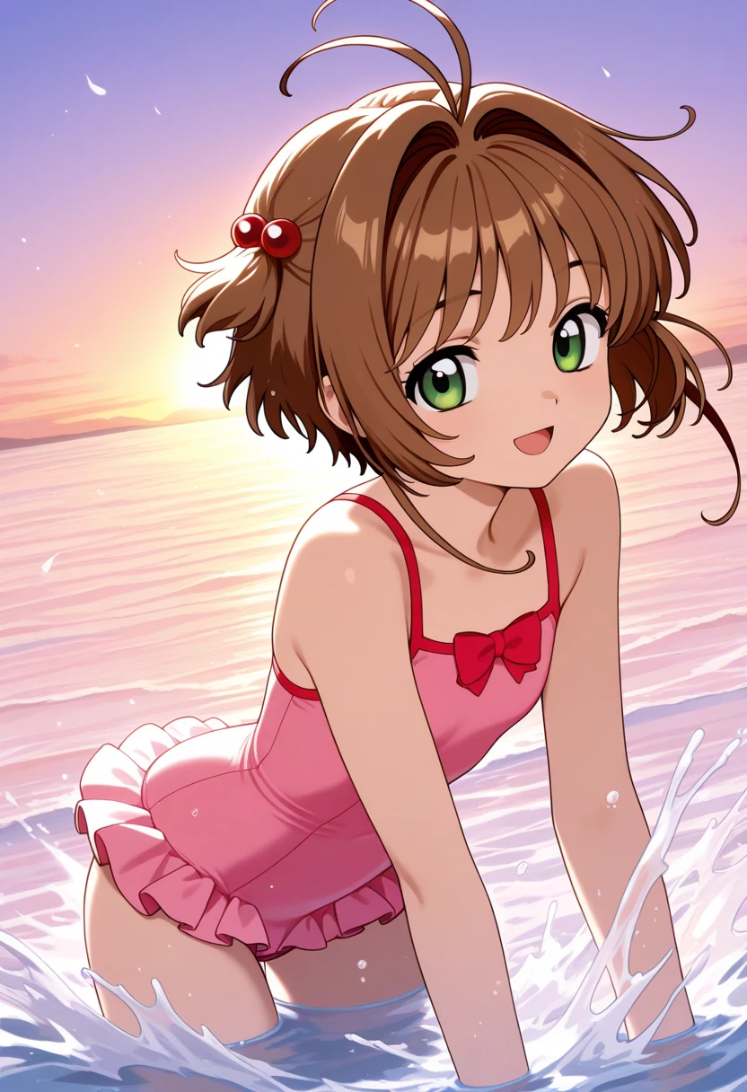 (masutepiece, 1girl in, hight resolution, kinomoto_Sakura, Green eyes, Wearing (two piece white swimsuit ), Good mood, Very detailed, full of details, in beach, Cinematic lighting),Oldest girl,Cowgirl, Squatting, Spread legs