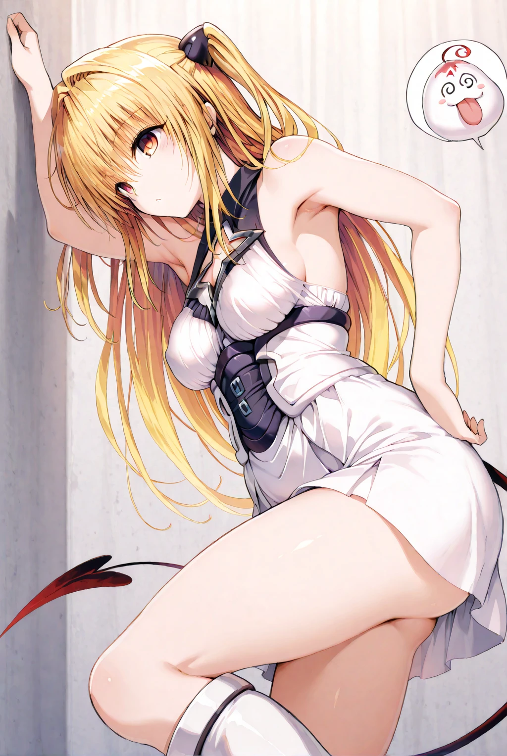 1 girl, perfect anatomy, laying against wall, mami tomoe, masterpiece, best quality, highres, big breast, pain, screaming, closed eyes, torn clothes, (white panties:1.2), tearing up, city background, wreck, explosion, ass