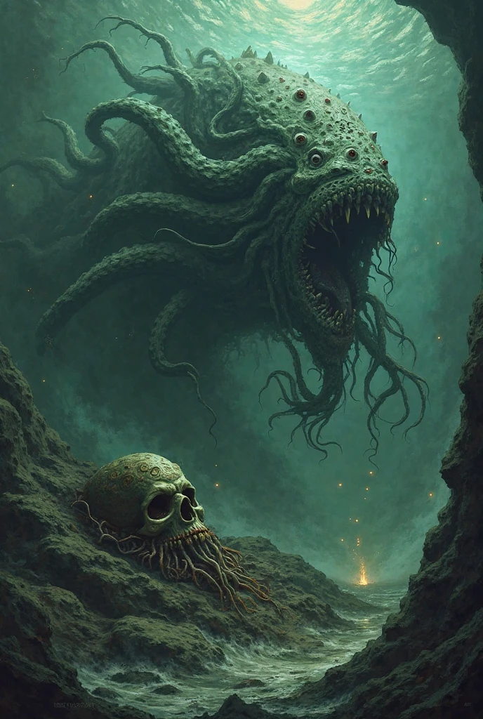 zrpgstyle, from_side from_below dark swamp eldritch monster (skull face:1.2) creature with (octopus tentacles:1.2) rising out of the water moss slime vines churning water fireflies midnight moonlight backlight (masterpiece:1.2) (best quality) (detailed) (intricate) (8k) (HDR) (wallpaper) (cinematic lighting) (sharp focus)