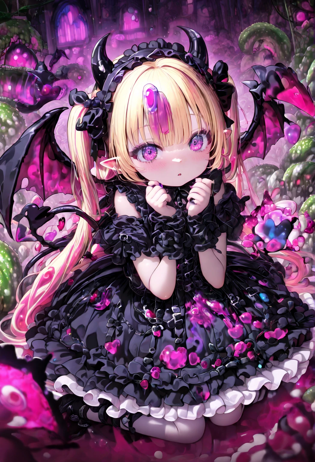 Little Devil Girl , little girl, Blonde Short, Gothic Lolita Fashion, black dress, Frill decoration, small horn, pointed ears,  little devil wings, hand that takes your gaze away slightly, Heart Tail, Giant Carnivorous Plant Gardens, Giant Nepenthes, Dipterygium, poison々Scary Colored Flower々, poison々Scary Plants,  Magic Light, Mysterious Atmosphere, Pastel Goth, twin tails, Black Ribbons Otherworldly Skies, Purplish Air, 