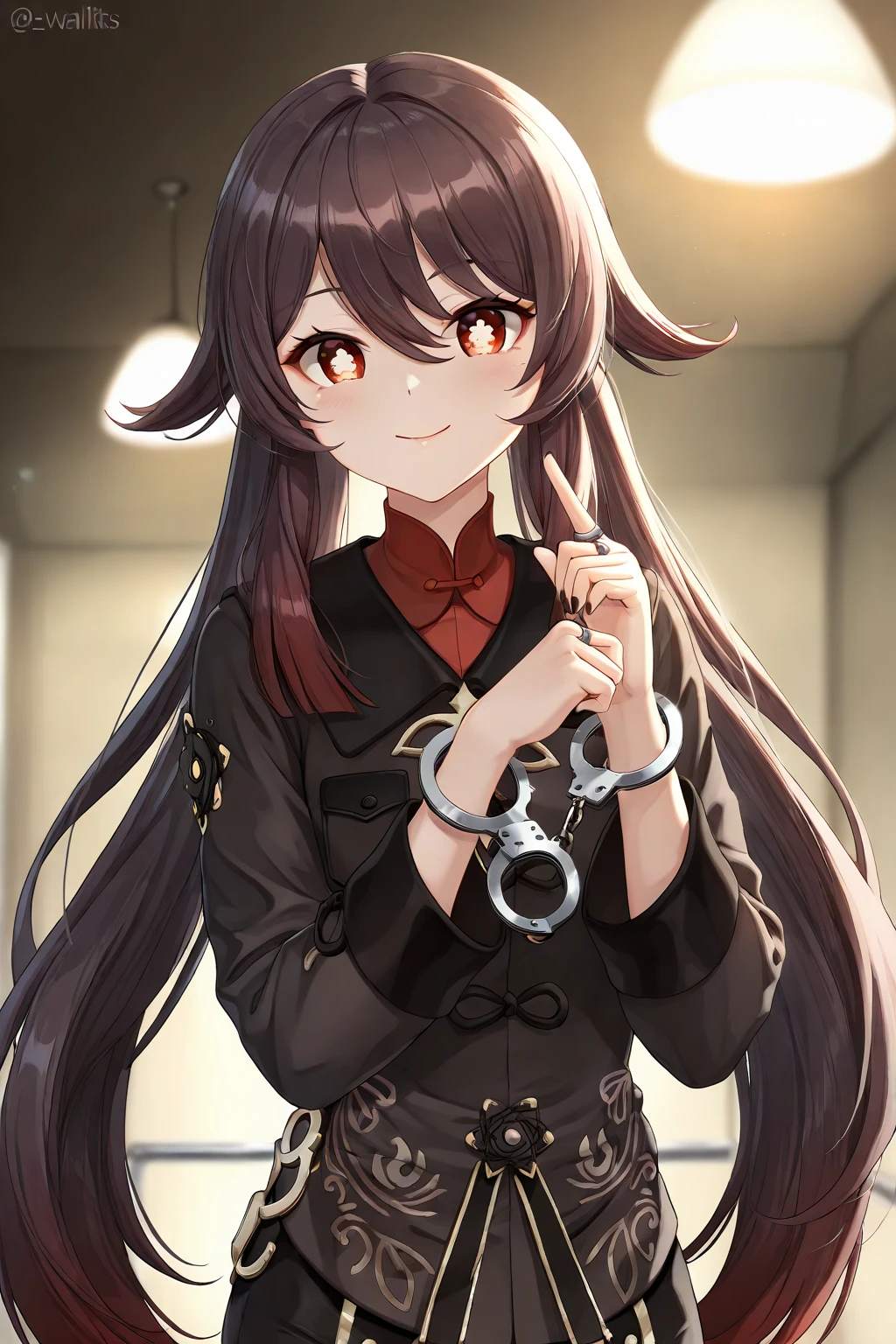 score_9, score_8_up, score_7_up, score_6_up, score_5_up, score_4_up, source_anime, 1girl,amber5star, upper body, smile, tongue, brown hair, long hair, red eyes, w-w-chain, shackles, raise arms, black kimono, dungeon, best quality, best res, 4K UHD,