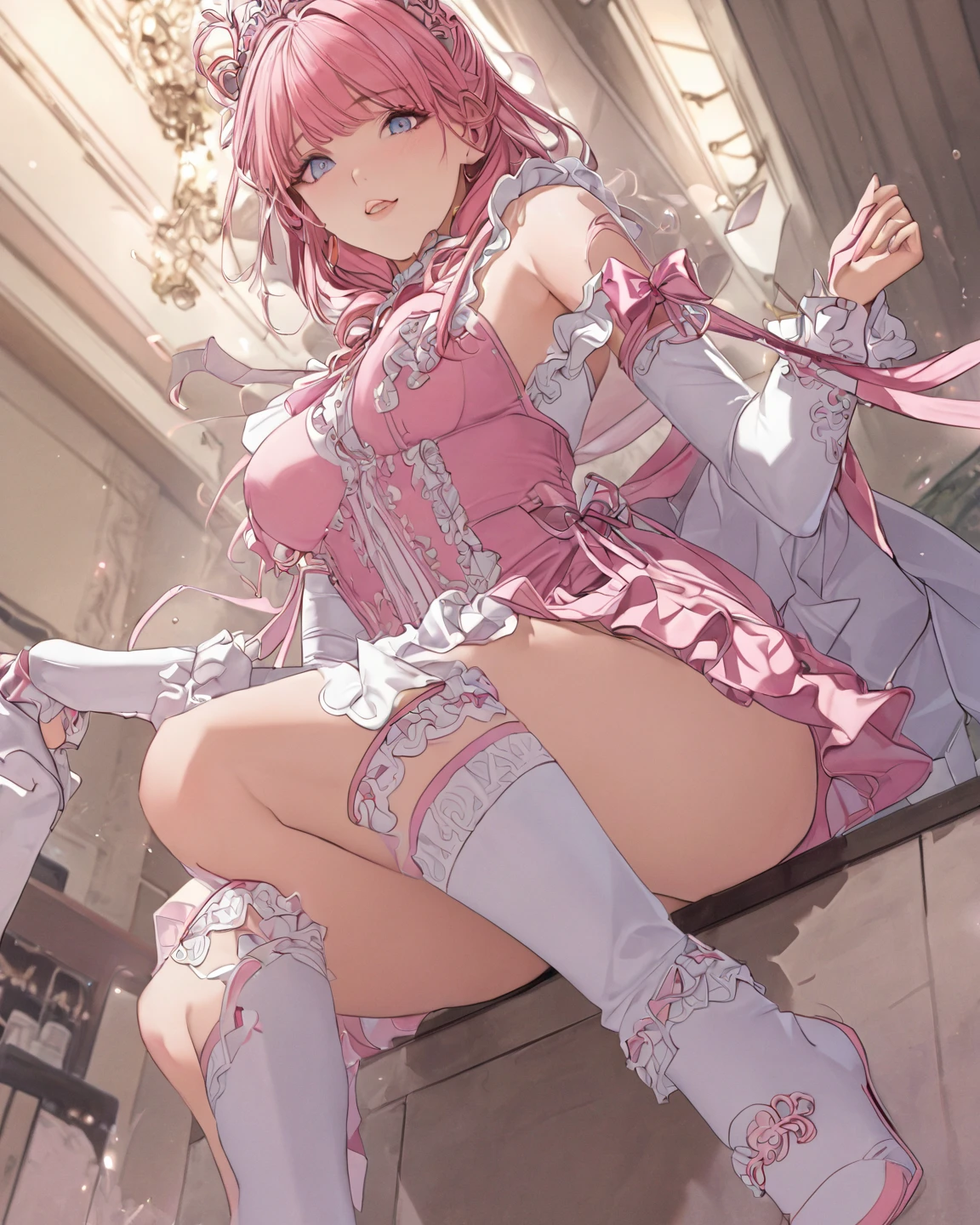 (best quality, masterpiece, colorful, dynamic angle, highest detailed) upper body photo, fashion photography of cute, pink hair with teal highlights, torn victorian dress,(ultrahigh resolution textures), in dynamic pose, bokeh, glowing web, (intricate details, hyperdetailed:1.15), detailed, light passing through hair, colorful art flat background(official art, extreme detailed, highest detailed), calmart, revealing clothes, coquettish, sexy action pose, living clothes, shiny skin, dripping in fluids, sticky fluids on skin,, calmart
