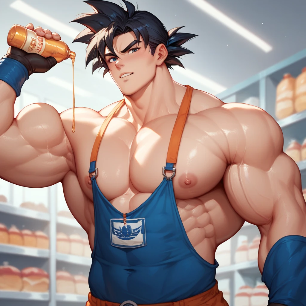 anime characters: 1guy, Bara, 1 Muscular guy, solo, huge pecs, pectorals are oversized, sleeveless basketball jersey, black shorts, purple beanie, small pupils, orange eyes,  stubble, smile, black skined male, back, big ass, gray background, best quality