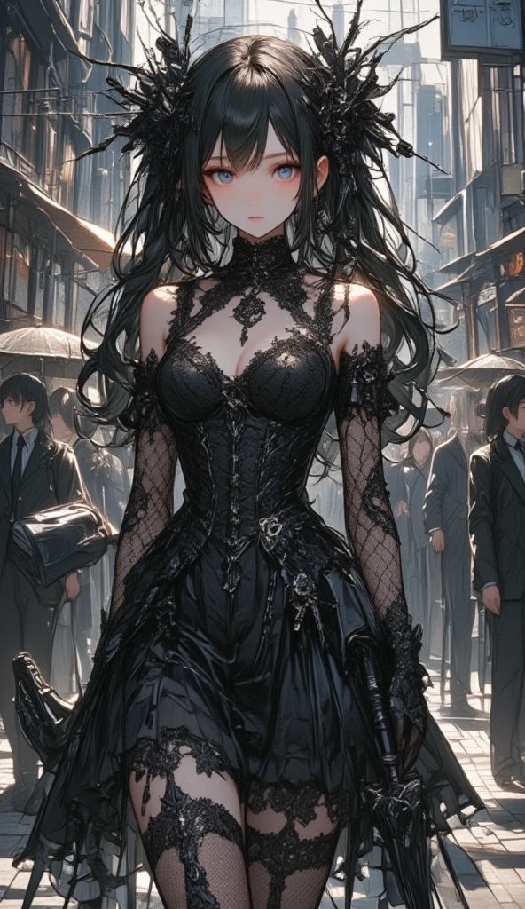 1 woman in black maid outfit with white skirt, white stockings, and tight corsets, showing immense curves, mohican hairstyle, extremely pretty. Surrounded by elderly gentlemen who admire her. She playfully starts to show off, taking advantage of the attention. She is facing the viewer, smiling happily, in a futuristic subway setting. anime styling, a masterpiece, higher resolution, 品質, detail, sharply focused, professional image