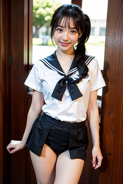 A neat and clean female junior high school student、 people々、Photorealistic、detailed, Skin Texture, 超detailedな、Delicate and sexy collarbone、Laughter、超detailedな顔、detailedな、double eyelid、No underwear、((Are standing、 uniform、Sheer white shirt、Navy blue ribbon on collar、Dark blue pleated micro mini、No underwear))、She turned her butt towards the camera、face looking at the camera、Skirt Lift、No underwear、No bra、In a small toilet、Her nipples are visible through her transparent shirt、(((Completely naked)))、Shirt lift