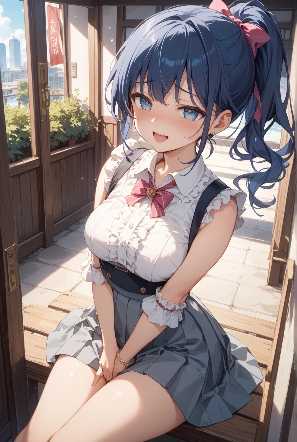 (Masterpiece, Best Quality: 1.1, Ultra Detail,purple hair :1.3, Photo: 1.3), Swimsuit, Shut Up, Seductive Smile, Seated, Tie, Skirt Flying, Lace Panties Exposed, Hyper Detail Background, Medium Tits, Head Wreath, 8K, Super Detail, Super Detail, Highres, Low Twin Braids, (Legs Open Pose), Cleavage, (No Panties) , pink eyes