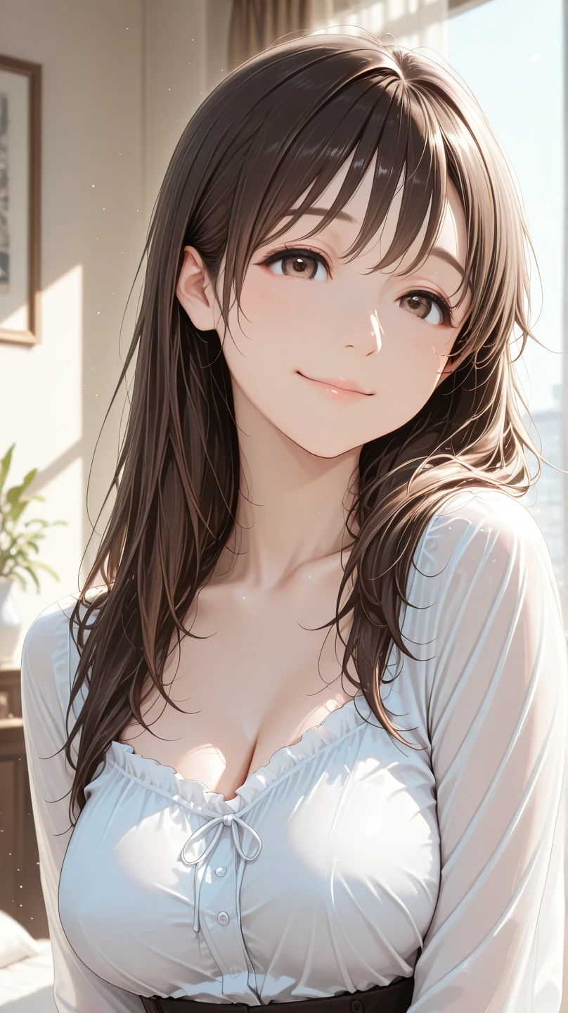 Best Quality,High resolution,8k,finelity detailed background,Masterpiece:1.2),beautiful girl,Shiny brown hair,messy hair,Brown eyes,Gentle look,A refreshing look,smile,Best quality,Best Quality,Aesthetic and aesthetic:1.2,Best details((Super detailed))(High-definition CG illustrations),summer uniform,Slender body,School,In the classroom,smile,blush,cute,Scrounge,Looking up,Being spoiled,super model