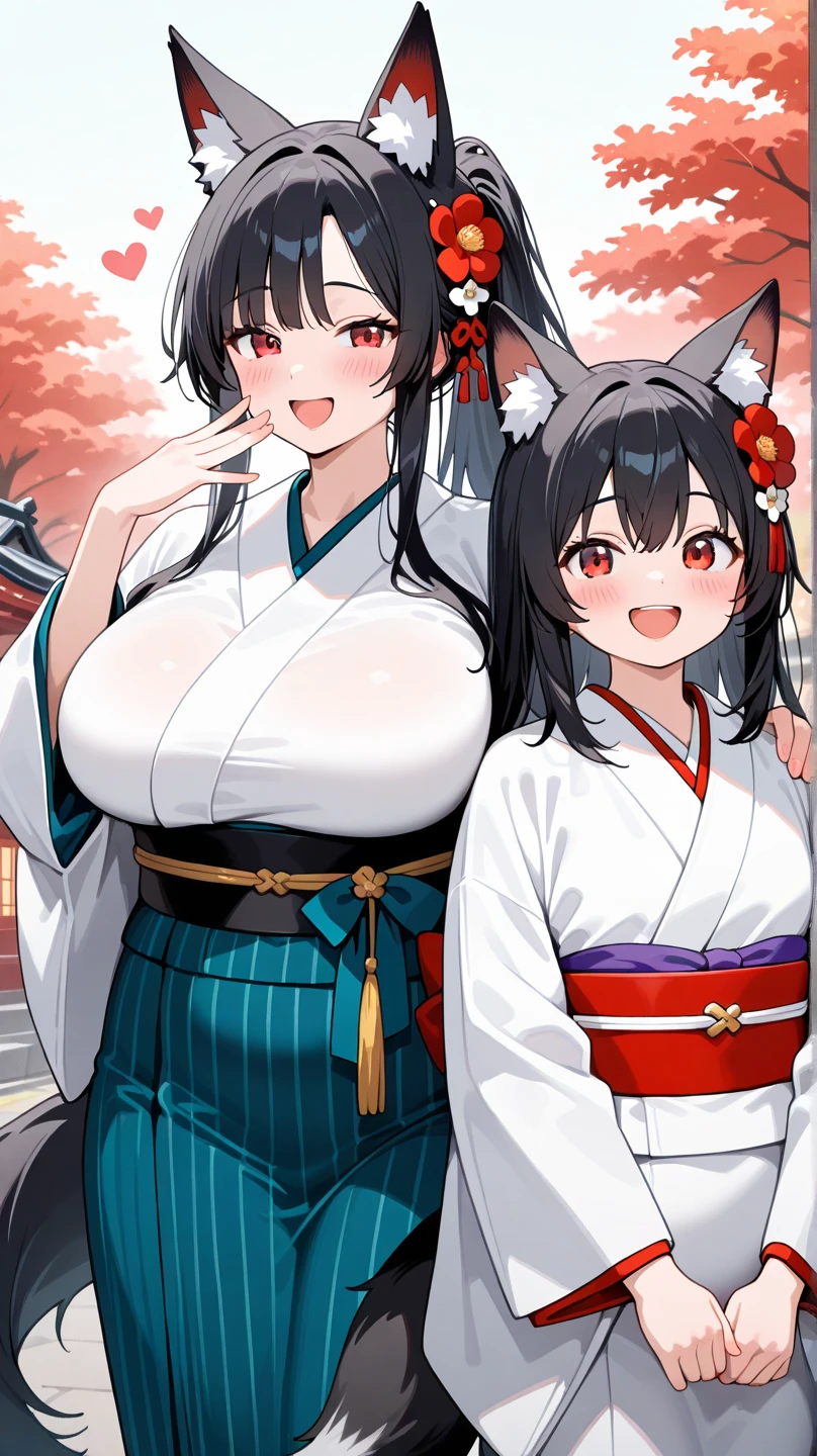 1 girl、alone , greenish black hair、ponytail、big cleavage、fox ears、red eyes、wear glasses、Dark purple kimono、red webbed、light purple long hakama、Cherry blossom pattern haori、Headphones around the neck、Cherry blossom pattern Japanese umbrella、sexy、charm、Wet、face turns red、far shot , full body 、within the territory
