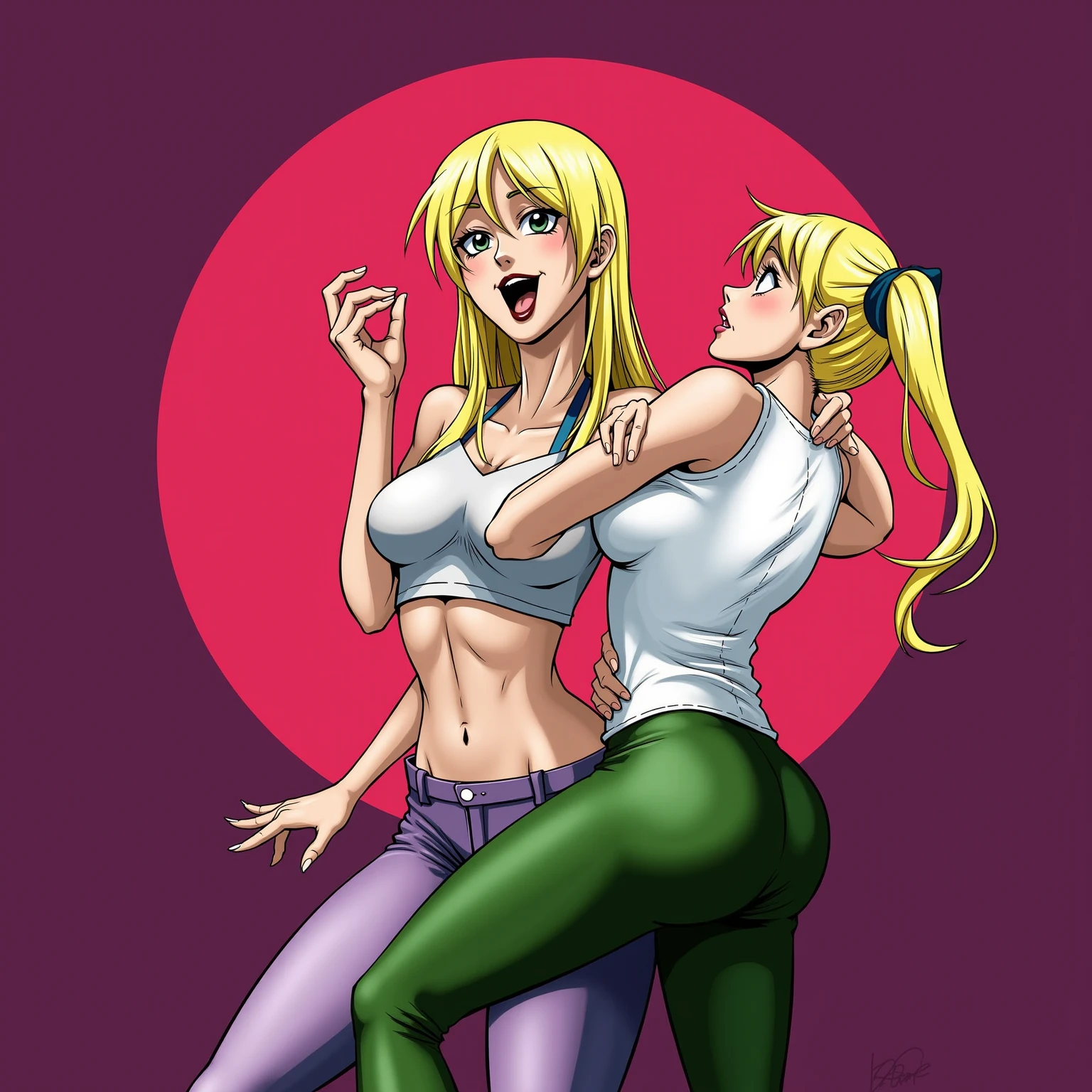 2A Japanese girl with blonde twintails、Female Combatant、Close-up of a girl wearing a red tank top、Purple Skirt、White panties、Black fishnet stockings、Black shiny boots、Saiyan Girl, wonderful, Nano Girl, Female body type, Inspired by Hiromu Arakawa, Anime Manga Robot!! Anime Girls, Fubuki, Full Body Suit, by Hiromu Arakawa、wonderful, silk, Beautiful and attractive anime teen, Anime Girls of the future, tears,Drooling,Pee,Sweat,Tongue out,incontinence,Peeing、??????、Eyes wide open,??????,Blushing,Nipples are erect,Face is hot、Lust、incontinence、Armpit Hair、pubic hair、Nipples are erect、Red lips、Red tongue、Sticking out tongue、Her skirt is flipped up、Panty shot、White pantiesが見えている!、全身Sweatまみれ、wet
