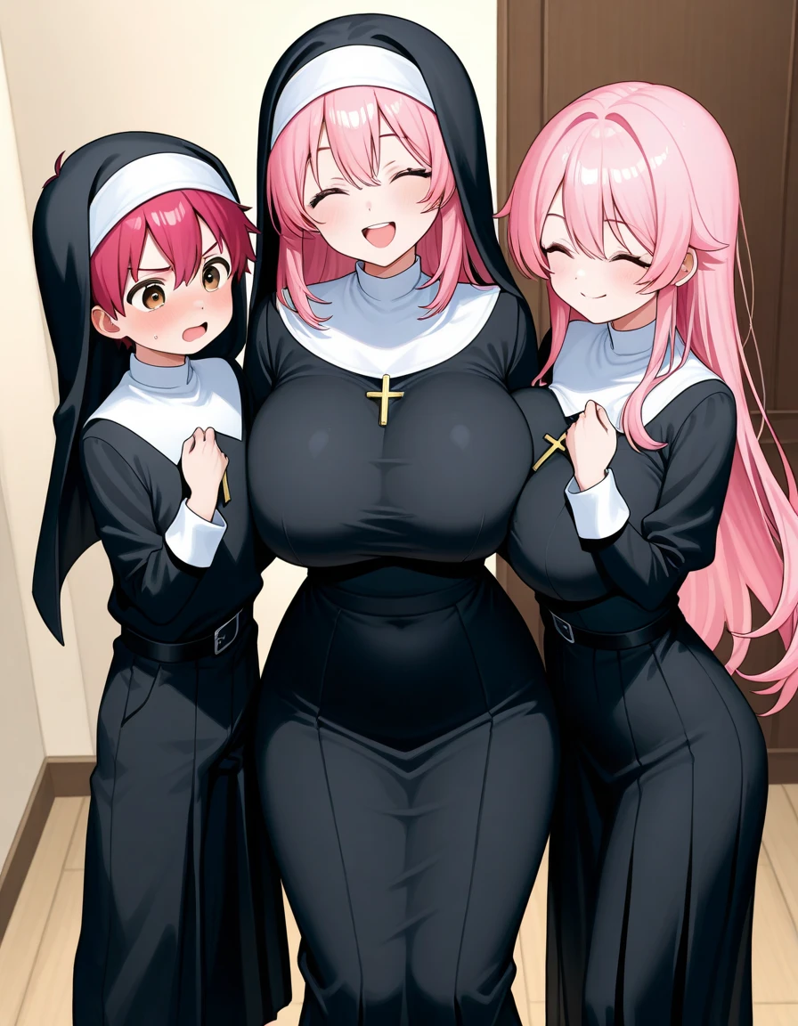 a gigantic woman nun big breast sexy bored serious sad emo sleepless eye sleep tired short black hair her pink eye dresses nuns suit shows navel and a long black skirt