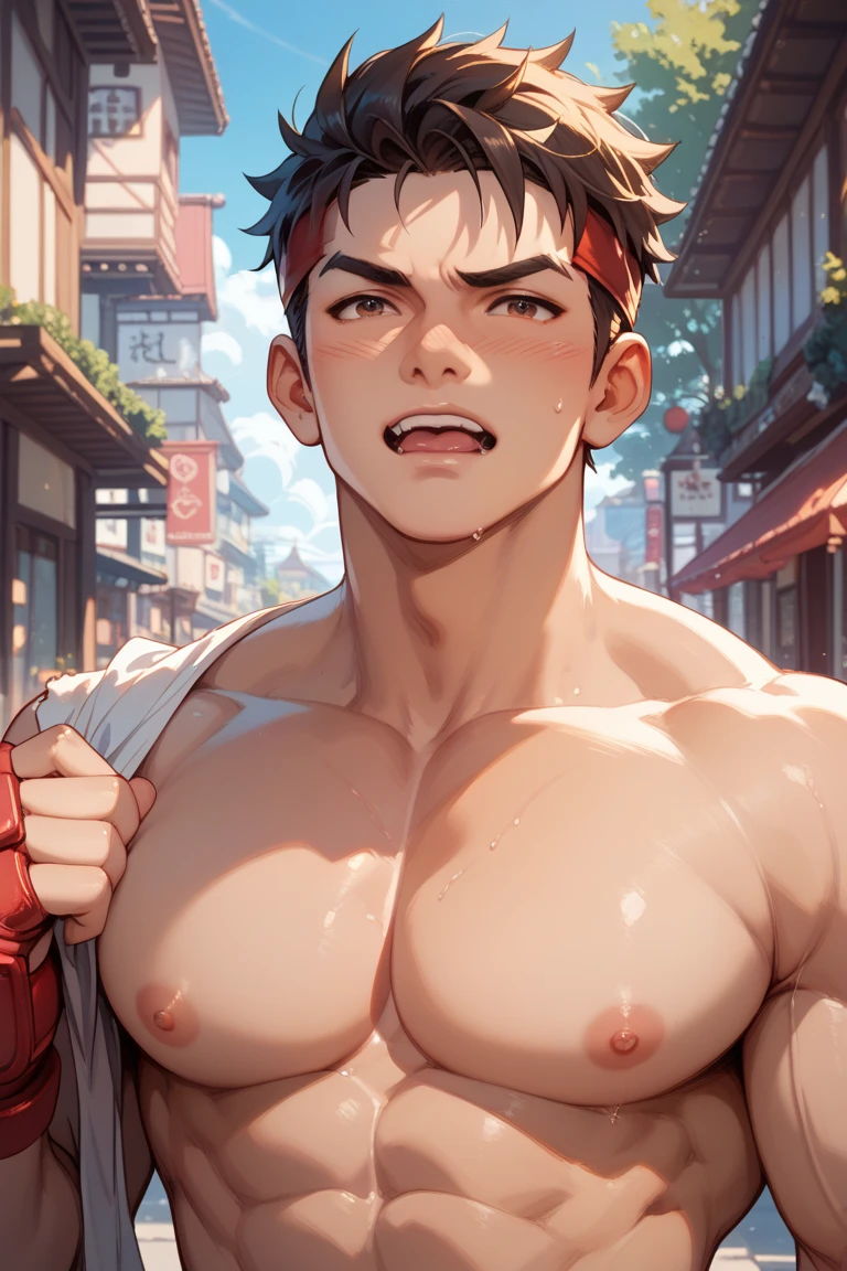 Highest quality、masterpiece、nsfw、(muscular male:1.2)、(father:0.5)、Shaved head、Short Hair、Sports haircut、short hair、Black Hair、Blonde、Gray Hair、Red hair、Blue Hair、(sweat:1.3)、(steam:1.1)、4boys、Ultra wide angle、Summer Festival at Night、Jinbei、nipple piercing、tattoo on chest、tattoo on leg、A fun atmosphere、ass pov
