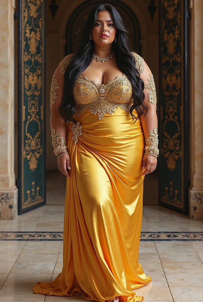 Elegant Indian woman, 8k resolution. Curvy body, high figure with realistic textures. Beautiful, glowing face, detailed makeup with long lashes. Wavy hair, vibrant dress. High-contrast, cinematic style with a mysterious setting.