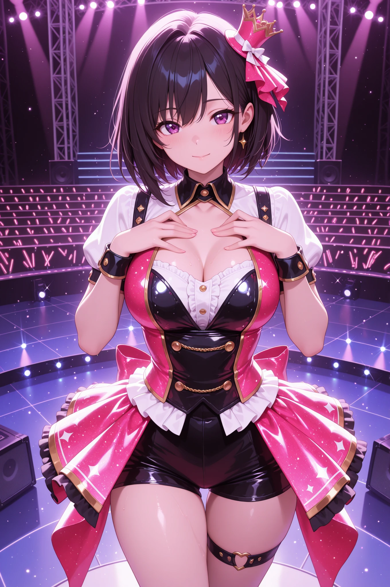 beste-Qualit、One girl、black-haired、Shorthair、Inner curl、Red eyes、Pink blush color under the eyes:1.4、Small face、a smile、Pink idol costume:1.6、巨乳:1.3、Open chest:1.1、Holding a microphone in one hand、Pink mini skirt、beauty legs、heel、gloomy lighting、On stage of the stage、No people、View here、Angle from diagonally above、Background blur