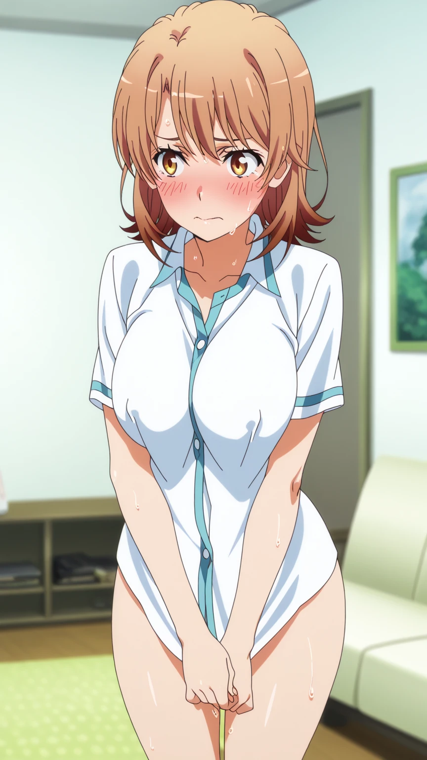 In underwear、(1 female、1 male, couple, have sex、hug each other、touch your butt)、creampied、Feminization、blushed、Watery eye、troubled face、short hair、Full body Esbian、feminine breasts、light brown hair、(master piece、 highest quality)、 shiny skin、(1 girl: nose, naughty blush, sweat flows)
