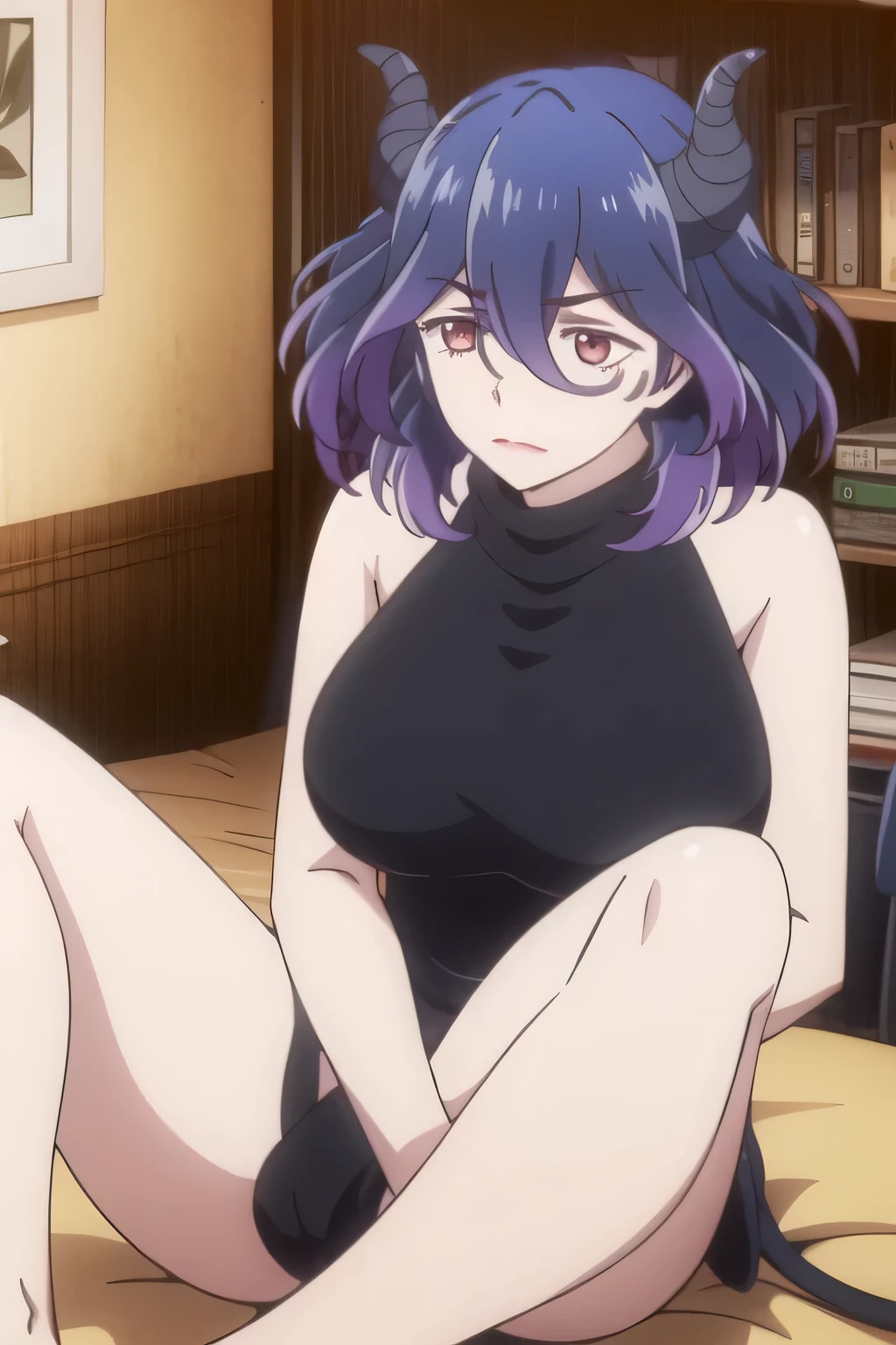 purple hair, red eyes, large breasts, medium hair, looking at viewer,, hair between eyes, short hair, blue hair, multicolored hair short hair, ,side ponytail, on bed ,completely nude, from above, pussy, nipples, spread legs, teeth,suggestive fluid, sweat, dog collar, leash,,(((((pain: soreness, agony, distress, discomfort, torment, hurt, affliction, anguish, misery, unease suffering: pain, distress, agony, torment, affliction, hardship, ordeal, adversity, tribulation, sorrow sadness: sorrow, grief, melancholy, gloom, despondency, dejection, woe, unhappiness, heartache, regret)))))