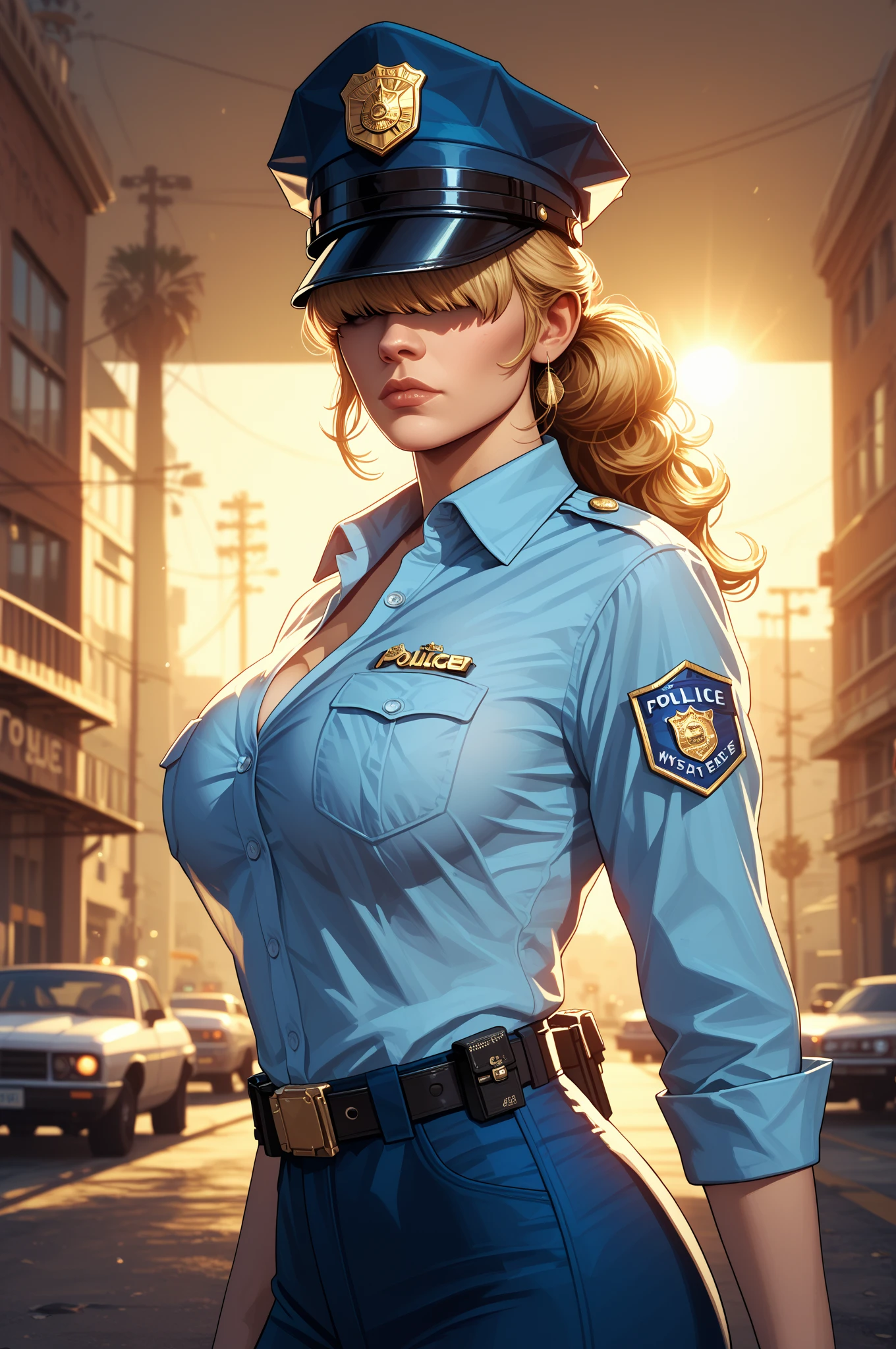 (masterpiece), (top-quality), sunset, natural lights, ,(realistic:1.5), Olivia Dunne as a Stunningly beautiful policewoman, blue police uniform, black wrapped short, skirtlong, dark_blonde hair, tanned, tattoos, wearing an unbuttoned police uniform, cleavage, sexy, sensual, hazel eyes, smiling, sexy pose, athletic, looking at viewer, eye contact, stunningly beautiful 20 years old polcewoman, modern day metropolis, night time, neon lights, evening, patrol, policecar in background, dynamic pose, action pose, detailed modern day city in background, alluring, seductive_pose, natural lights, cleavage, athletic body, medium breasts, upper body, mid shot, masterpiece, detailed, mature, bright colors, high saturation, stunningly beautiful girl, precise hands, determined expression, serious, courageous, brave, Clear eyes, Shining eyes,, ultra-definition, Top resolution, soft lightning