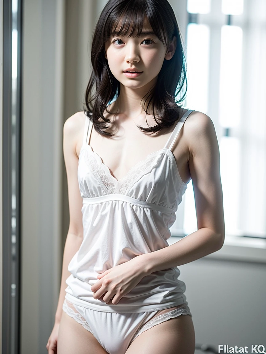 (8k:1.2), best quality, masterpiece, (ultra highres:1.2), beautiful detailed eyes, long eyelashes, double eyelid, high detail, detailed hairstyle, detailed face, hyper realistic, 1girl, solo, (pale skin:1.2), (18 years old), (medium breasts), sexy, black underwear, small hips, slender, (medium breasts:1.2), (wet:0.9), (transparent underwear), small hips, slender, bikini, black hair, closed mouth, (smiling:0.8), looking at viewer, (from below:1.3), (from front), legs focus, (cowboy shot), (sexy pose:1.2),
