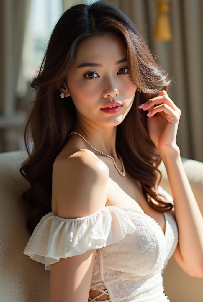 girl xinh: Asia, siêu dễ thương;
age: from 18-20 years old;
hair: copper orange color, silky, shiny under the sunlight, detail;
da: milky white, rosy and flawless;
eye: jet black, almond shaped, sexy, youthful, trong veo;
mi eye: delicate, perfect;
eyebrow: cong, dear;
Face: beautiful, pure, like a fairy, symmetrical, perfect, đẹp đến từng detail;
nose: xinh, cao;
cheekbone: prominent;
lip: charming, son lip màu đỏ nhạt, lovely lip gloss;
răng: Lily-white, smiling;
ngựcc: full, Deep chest slit, toning, tight bra, pointed nipples;
y phục: bright red, gold embroidery, metallic luster, silver mesh;
Hình dáng cơ thể: full, graceful, youthful;
accessory: dây chuyền ruby, bông tai ruby;
dress: silk fabric, White, piercing;
underwear: tight, piercing, floral embroidery;
Fashion style: high-class, Modern 2024, luxurious;
Image quality: non-NSFW, 8K CG HD, High resolution, Super nice graphics, professional, detail, colorful, ultrafine, advanced techniques, RAW true;
light: luxurious, complex color combinations, black gold rays;
light mặt trời: twinkle, illuminating the girl's body;
Hình nền: street, light twinkle. The focus of the photo is on the girl's thigh area.