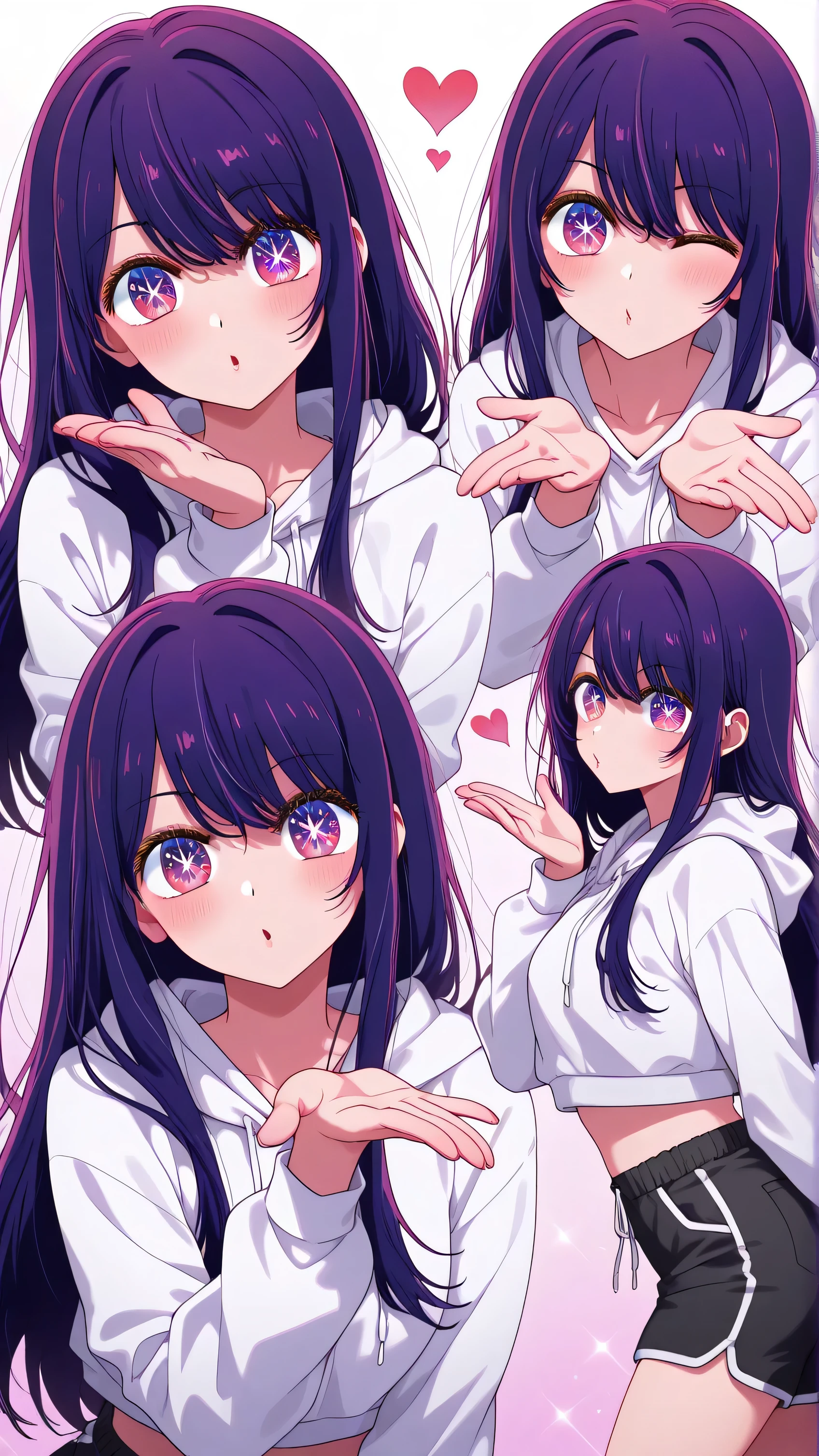 Ai Hoshino (\Oshi No Ko\), long hair, bangs, purple eyes, purple hair, symbol-shaped pupils, white cropped hoodie, black shorts, blowing kiss, heart, wink