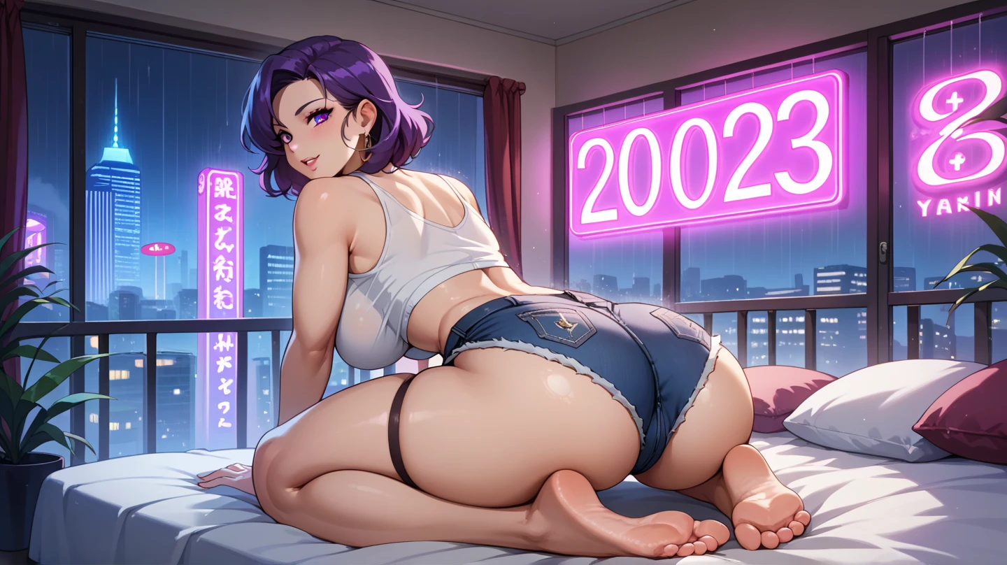 ((Masterpiece, best quality, high quality, highly detailed background)), ((city skyline window view, hotel bedroom, blue sky, laying in bed, spread legs, exposed pussy, hands behind)), ((lady_nagant, large breasts, short hair, (nude), streaked hair, medium hair, pink hair)), ((blushing, shy, looking at viewer))