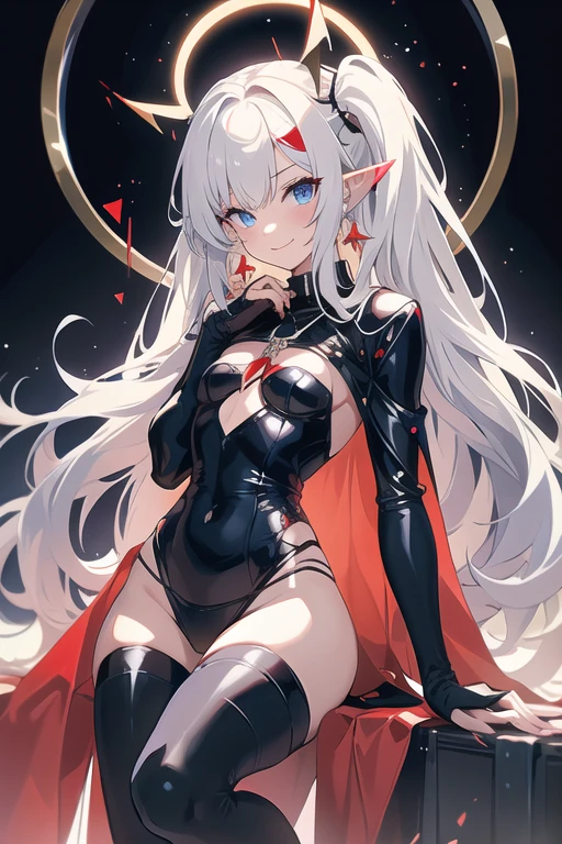 A female Milf demon with long distinctive silver hair with elf ears and black demonic horns, Yellow eyes of the demon, pupila vertical, rosto maduro e adulto com um sorriso perverso para os espectadores, dentes de vampiro, corpo volumoso com seios e busto enormes, pale skinned, Widow's dress in black setting with chains and mist, The floor is made of a red liquid, corpo volumoso com seios e busto enormes, Silver hair with purple locks wet with drops of this red liquid,(yellow demonic eyes), olhos brilhantes, Moda realista, sysie high definition details, fotografia, perspicacity, unique 850 4, Koda850 k portrait camera, Primavera F1.6, cores ricas, Textura super realista, textura de luz espetacular, arte surreal, Cinestil 800 mecanismo de moda: Full Body
