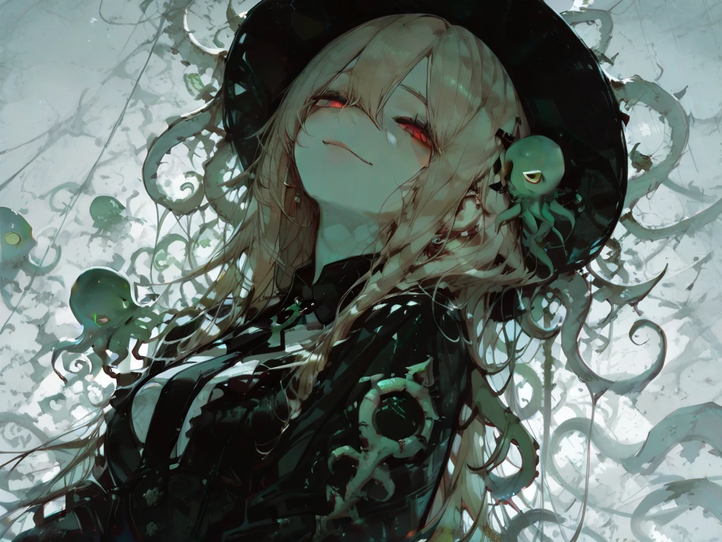 ((best quality)), ((highly detailed)), absurdres, (detailed eyes, deep eyes),1girl,20 years old,solo,long hair,pink hair,(white shirt,black standart tie,black skirt),dynamic pose, cowboy shot, (((scylla))), (((octopus girl))), standing, (tentacles:1.33), (suction cups:1.33), (fused:1.33), ((tentacle legs)), squidlegs, ((underwater,sea, aurora,night)),leaning forward, serious,cute