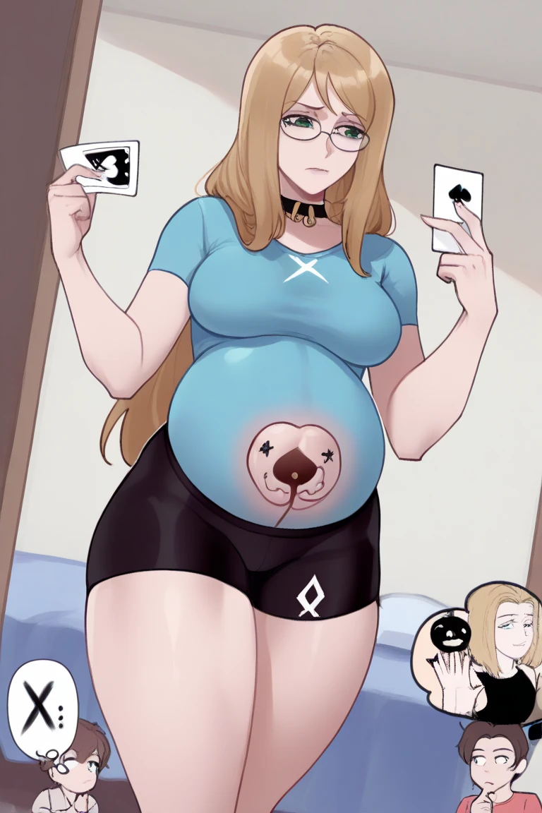 whimsical chubby curvy big-nose dirty-blonde with small_breasts and blue eyes with glasses and medium-long hair, (saggy_breasts):3.0, naked, (pubic_stubble):3.0, on bed, masturbating, screaming 