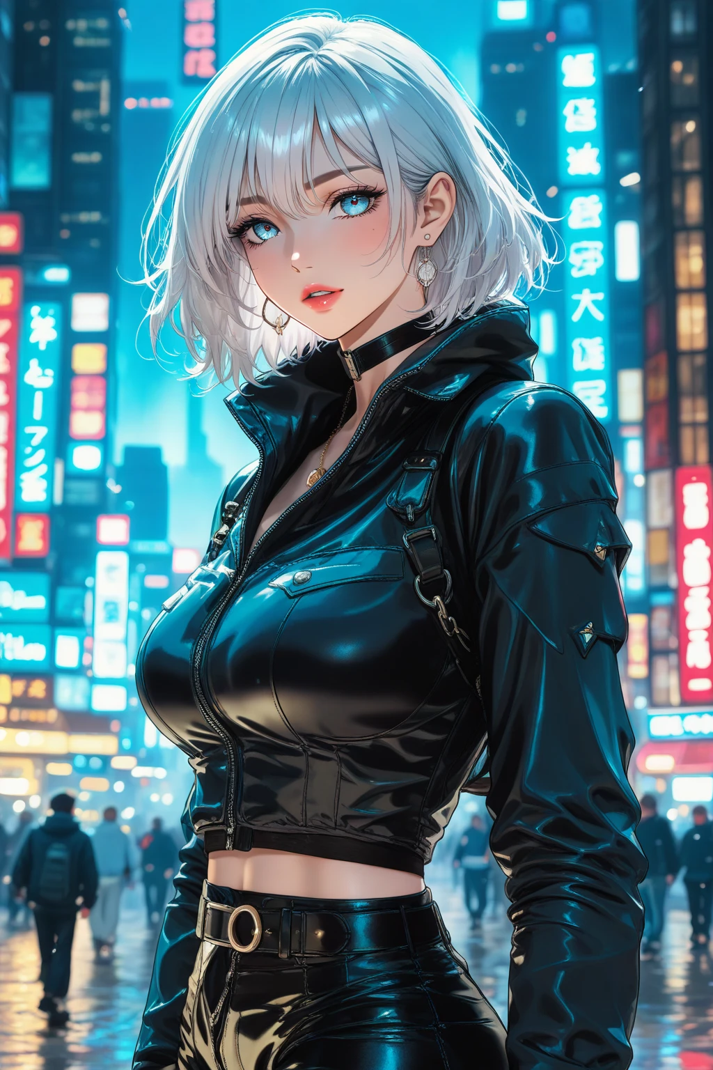 cute albino girl,(((1girl))),((albino girl with extremely cute and beautiful white hair)),

(small breasts:1.4),(((white hair:1.35,colored inner hair,ear breathing,small white hair,tomboy haircut))),((heterochromia:1.5, (aqua_eye and white_eye))),intricate eyes,beautiful detailed eyes,symmetrical eyes,((fat)),(((pale skin,lustrous skin:1.5,bright skin: 1.5,shiny skin,very shiny skin,shiny body,plastic glitter skin,exaggerated shiny skin,illuminated skin,wet legs))),(spider lower abdomen,narrow waist,wide hip,athletic body,inflated legs, thick thighs,detailed body,(detailed face)),

cute,slutty,seductive,erotic,(((nsfw))),

(((wearing white formal blazer,white pants,))),(((huge cleavage))),((wet clothes,intricate outfit,intricate clothes)),

(dynamic pose:1.0),solo focus,embarrassed,(centered,scale to fit dimensions,Rule of thirds),

cyberpunk city by the ocean at night, with bright neon signs and dark stormy clouds and puddles, scenery:1.25,nighttime, starry night, cosmos,Very dark night that makes the neon lights stand out, very bright neon lights,nighttime, starry night, cosmos,

artistic photography,(photography taken by sldr),highres, sharp focus,(ultra detailed, extremely detailed), (photorealistic artwork:1.37),(extremely detailed CG unity 8k wallpaper),((synthwave background theme)),(((vibrant colors))),intricate,(intricate background),(masterpiece),(best quality),perfect rendered face,perfect face details,realistic face,photo realistic,analog style,((intricate detail)),(((realism))),
