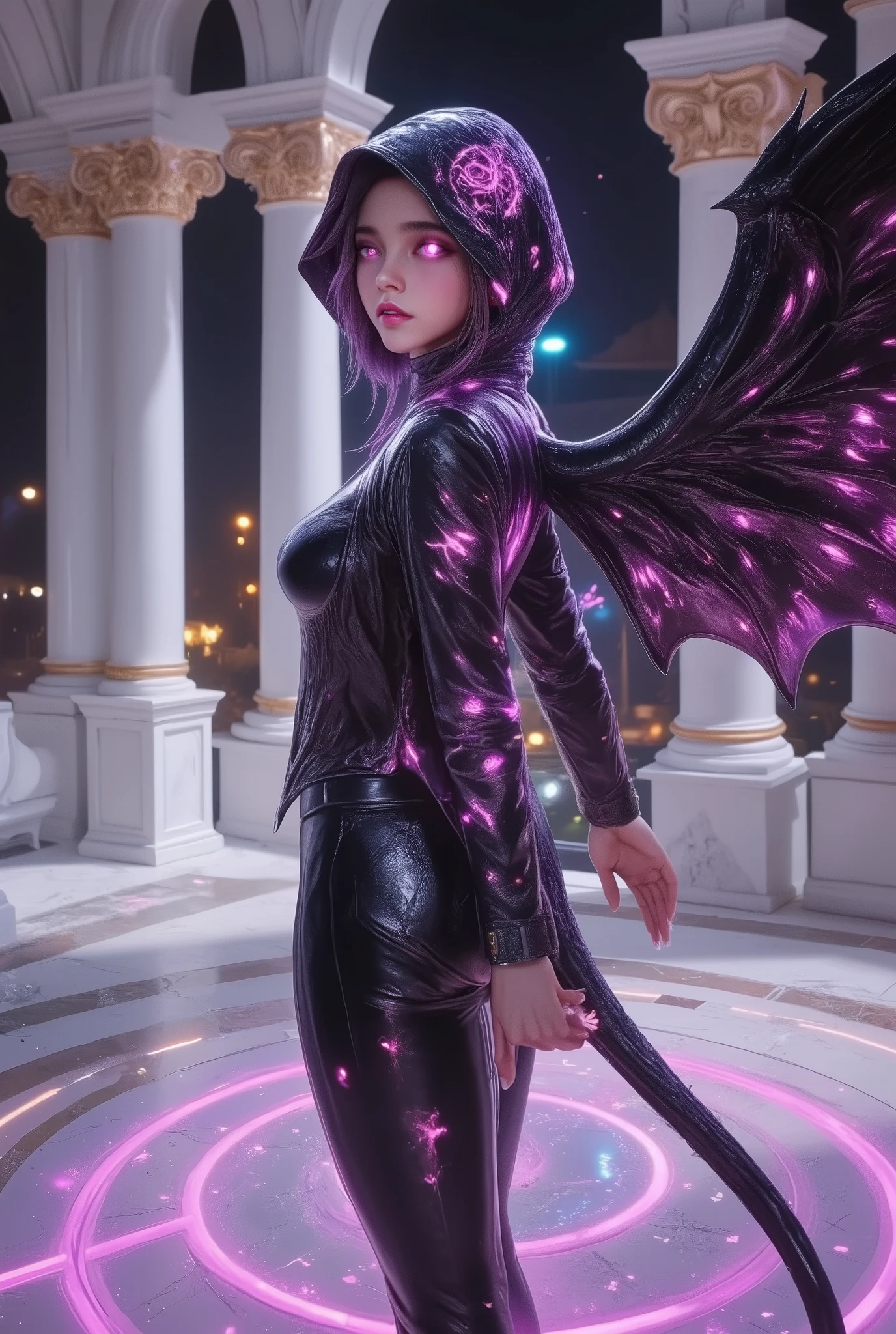 luminous pink-eyed demon girl, smoky cracked black leather, dark hoodie full of occult symbols, standing in the middle of a clean white altar room in barbarian style Oroque, marble pillars and gold ornaments surround, black devil wings dramatically spread, pointy tail moves, senyum manis kejam, fluorescent purple magic circle on the white mosaic floor, sharp contrast lighting, --v 5 --ar 2:3 --style dark fantasy --q 2 --chaos 50