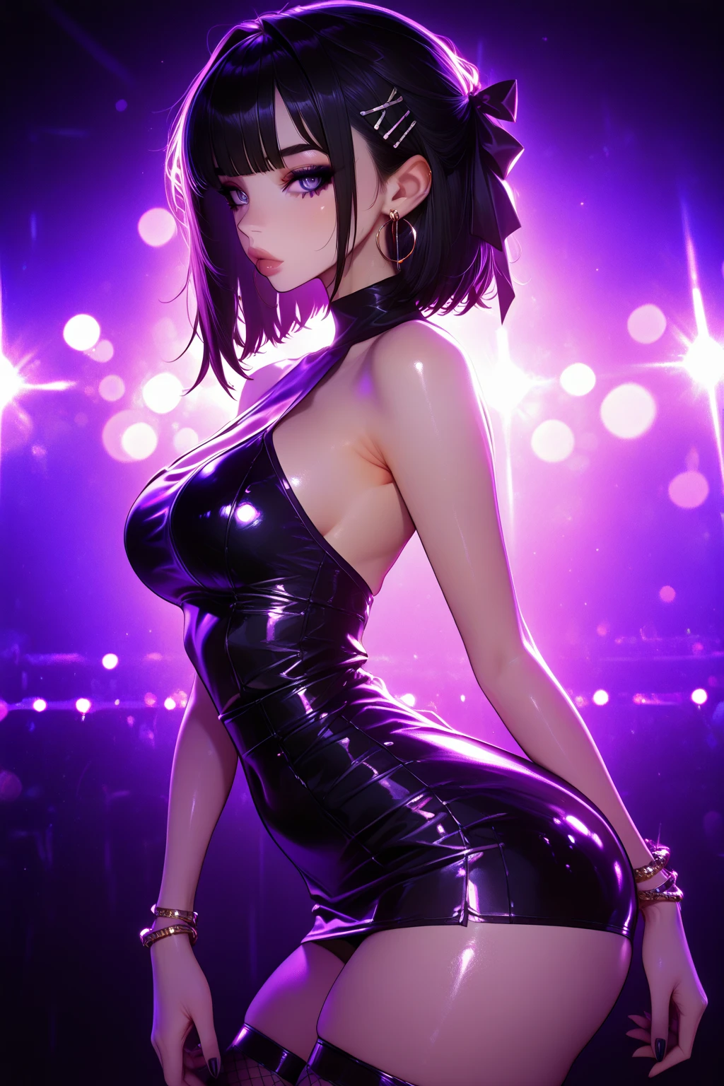 Goth kawaii magical girl heroine, (magical prom queen), (latex like clotes), (small perky breasts), (breasts), (very drunk:1.3), leaning forward, (dancing at a dark disco club), (highly detailed:1.4), (high resolution photo), (detailed face and eyes:1.4), (future funk aesthetic).