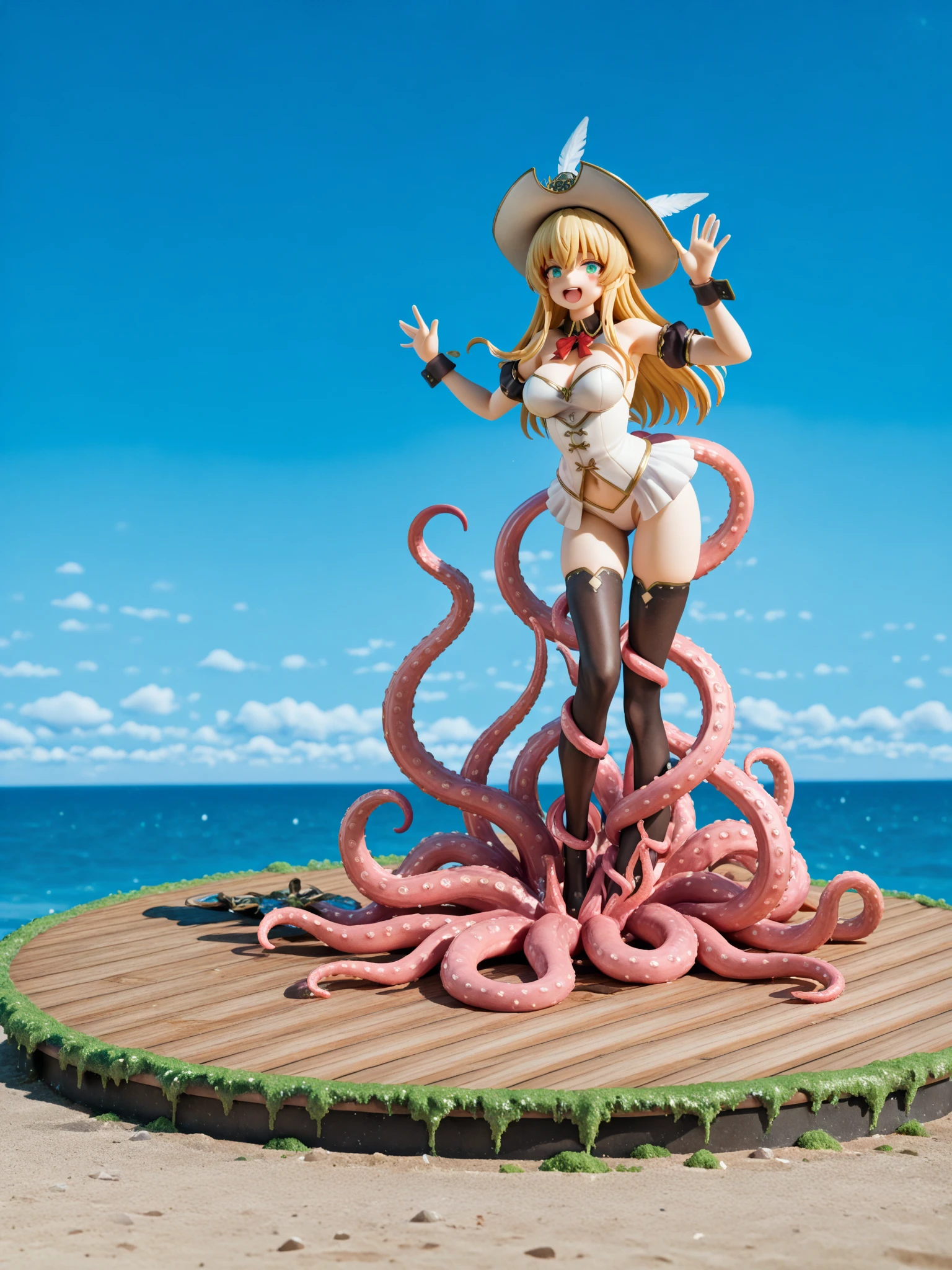 (A hyper realistic Sailor Moon (portrayed by cate Blanchett, age 25, golden hair let down waist length, torn clothing) is on a moonlit beach, struggling, tentacle sex, anal sex, tentacles restrain her arms and legs, tentacles tear at her clothes (demonic tentacle beasts erupt from the sand and sea near her, huge tentacles, slimy tentacles, fluorescent glow) (show her entire body, show all of her)