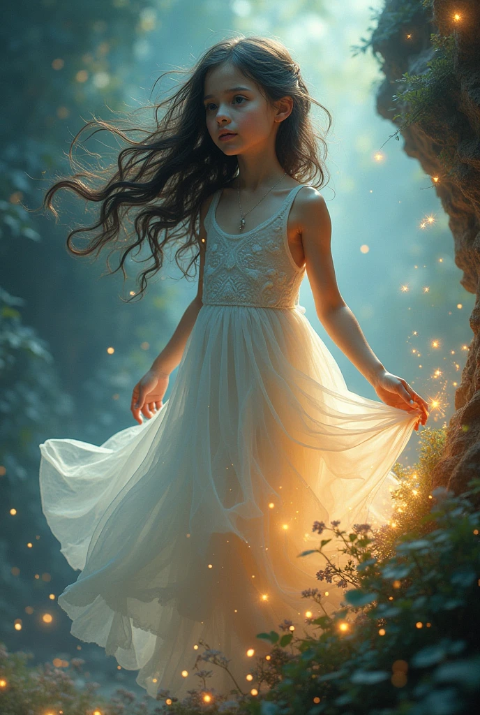 a spectral girl, 6 years, with a (Translucent appearance:1.3), Its barely tangible form, with a soft glow emanating from her gentle contours, The environment is subtly distorted through its ethereal presence., Creating a dreamlike atmosphere