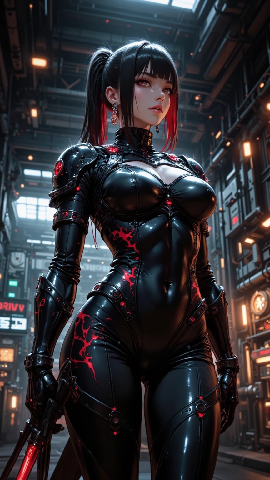 (Mejor calidad, Obra maestra:1.2), ciberpunk, vulgar, nasty cyborg woman in repair, ojo llameante, robots, love doll, rostro, Sex Shop, neon lights, dystopian cityscape, Dark alley, Fumar, Pintada, modificaciones corporales,nsfw,(organic and symbolic armor)