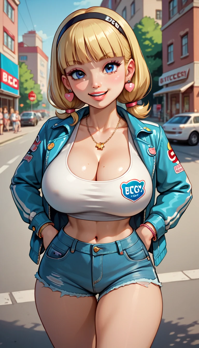 ((vintage comic style)), (((1girl))), beautiful cashier girl at fast food restaurant scenery, ((open work shirt exhibing tits)), (hat in head), blonde messy hair, large blue eyes, lovely smile, thick lips, perfect tits, ((blur background)), ((close-up shot)), masterpiece, best quality