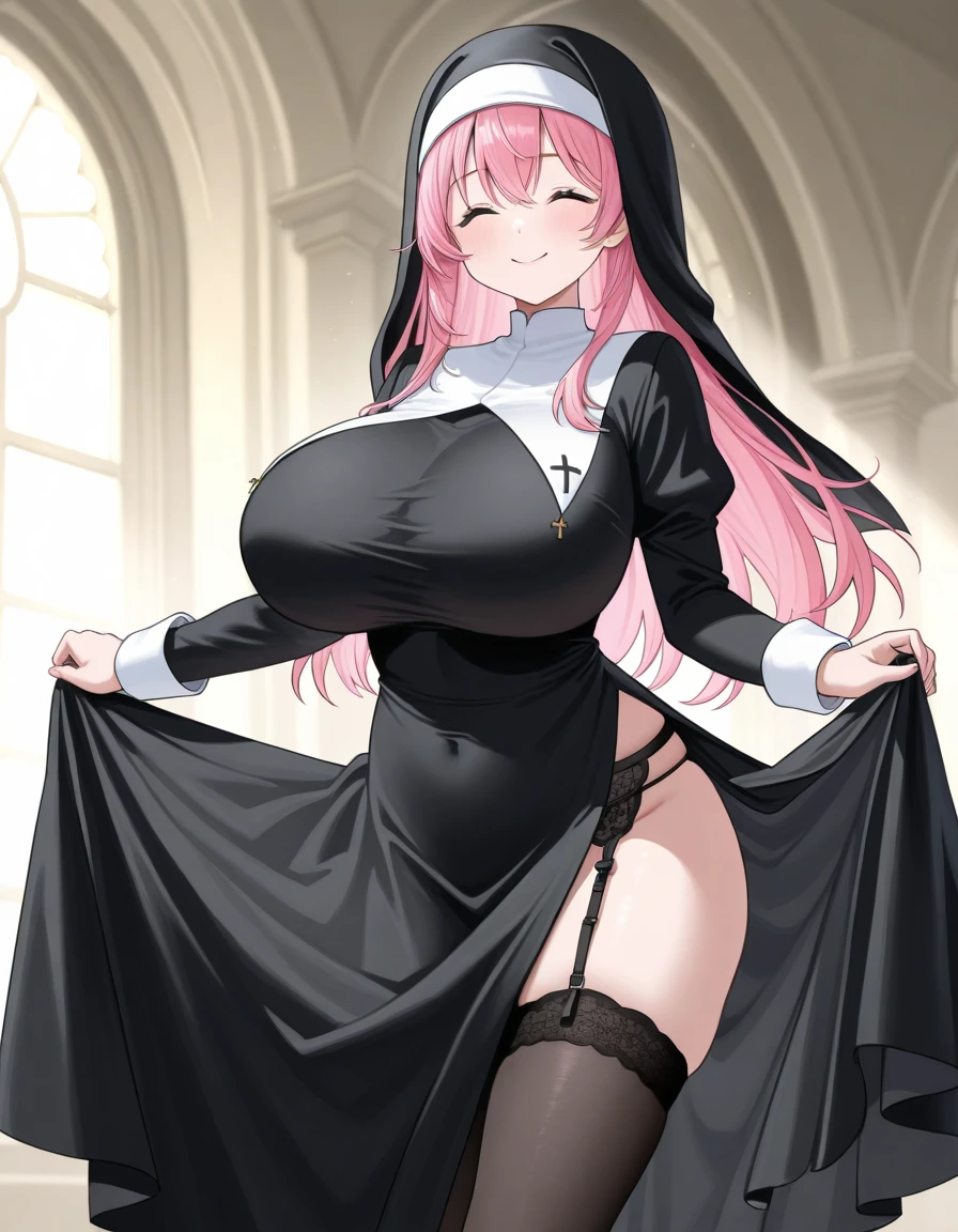 chest opened black nurse clothes、pink tight skirt、Black lace Light blue floral pattern bra very pantiy、Panchira、Wave Nero Longhaire、Colossal tits、holding a syringe、white stockings garterbelts、Hospital Room、a smile、is standing
