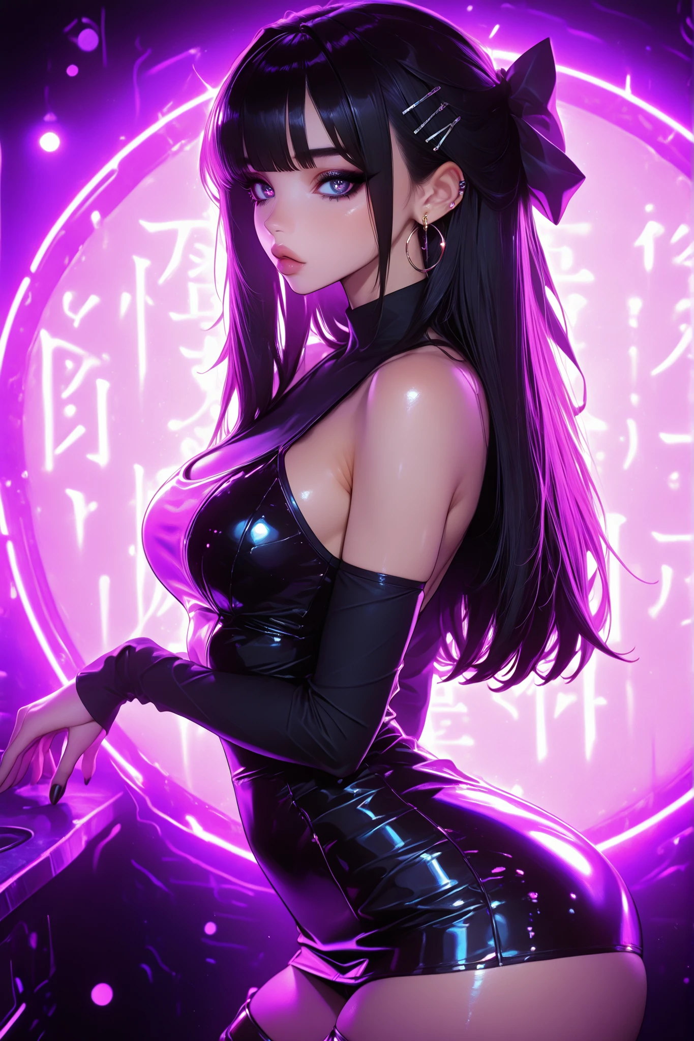 best qualityer， 1girl， kda， solo， long whitr hair， black color dress， looking at viewert， The upper part of the body，Purple light hits the girl