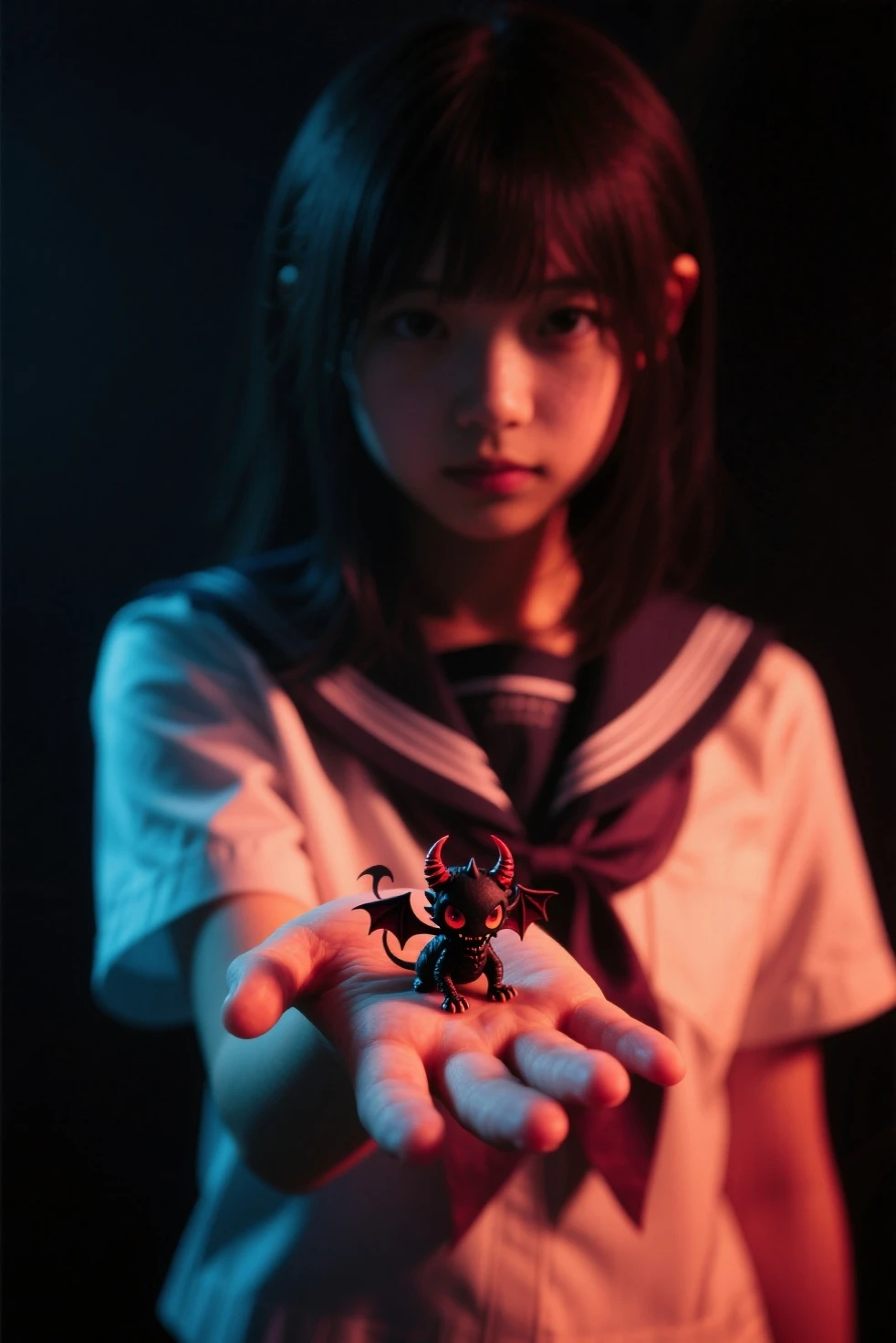 High Definition,realistic,There is a small devil on the palm held out by a high school girl,Seimitsu,high contrast,shadow,real,Dark Atmosphere,Cute devil,Dark Fantasy,Masterpiece,8K,Photo shoot,professional,Vivid Color,Deep Hues