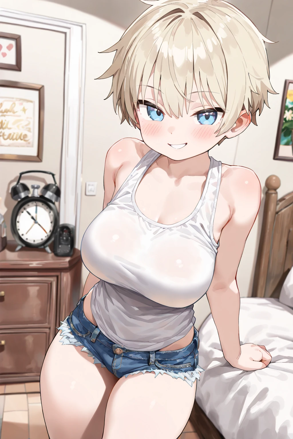 masterpiece, best quality, ultra-detailed, Potrait of beautiful , (chubby) (muscular), (plump), (sexly), (cleavage), (Breasts), (Plump), ((very short hair)), ((Uzaki Hana)), (overweight), (Gray Hair), ((Saggy breasts)), (blue eyes), (Short Hair), (blue eyes), ((thick)), (school uniform)