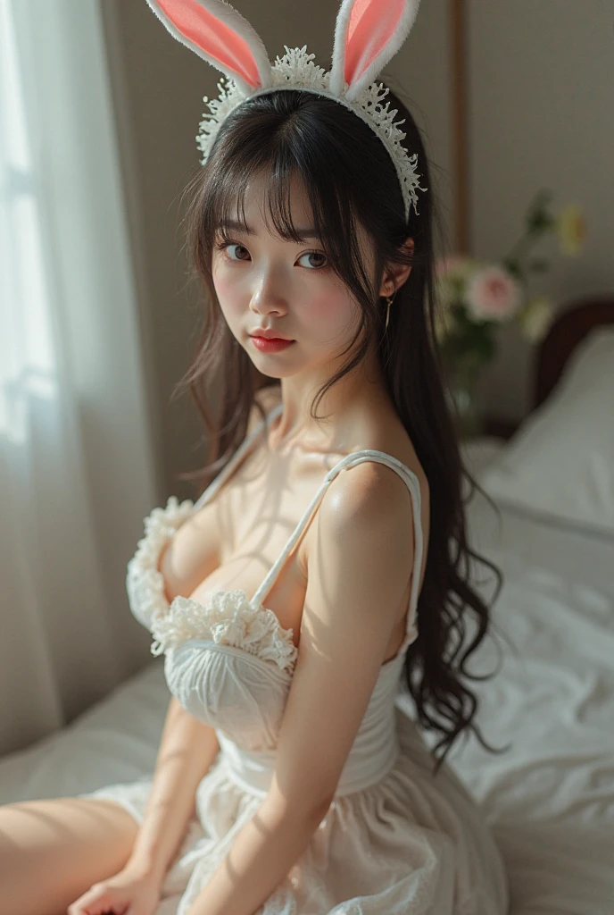Beautiful woman with perfect body:1.4,Prominent cleavage,Layered Hairstyle,Highly detailed face and skin textures,Double eyelids,Skin Whitening,Long hair,Whitened long legs,Half chest wedding dress